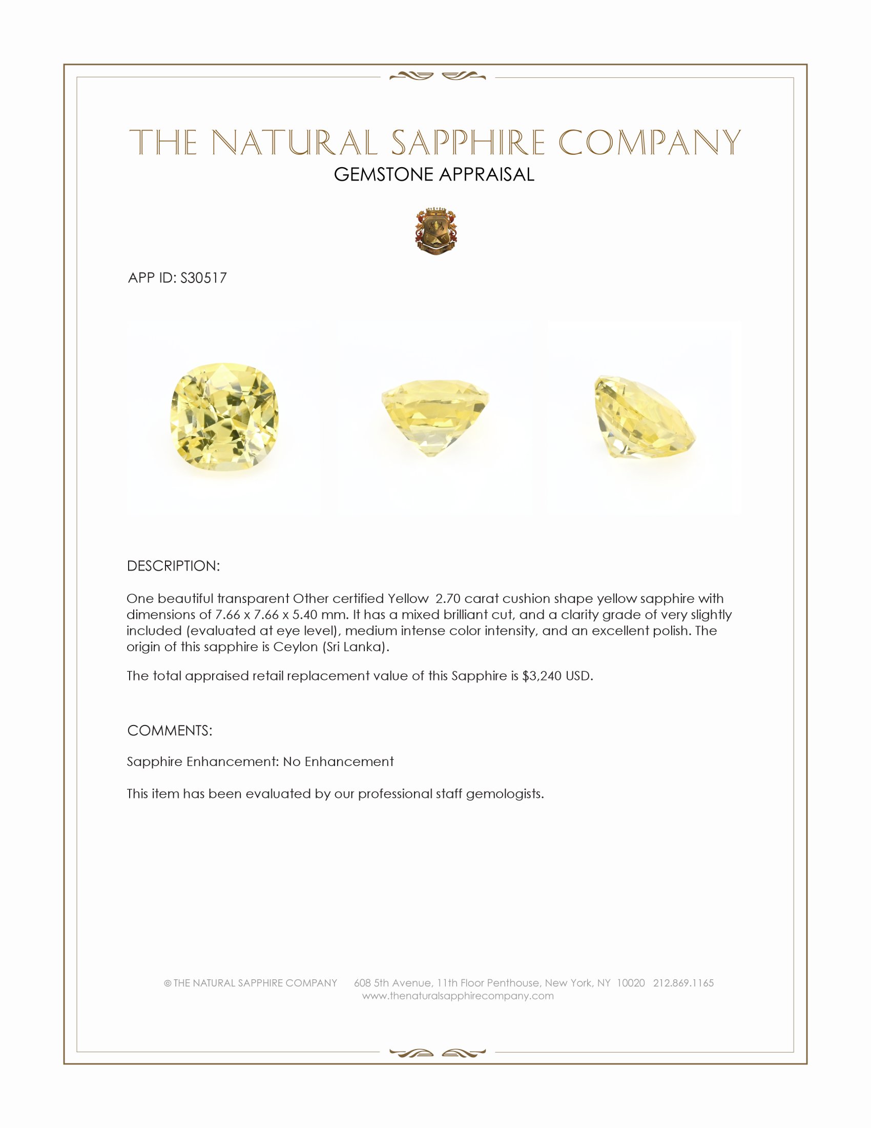 2.70 Ct. Yellow Sapphire from Ceylon (Sri Lanka)