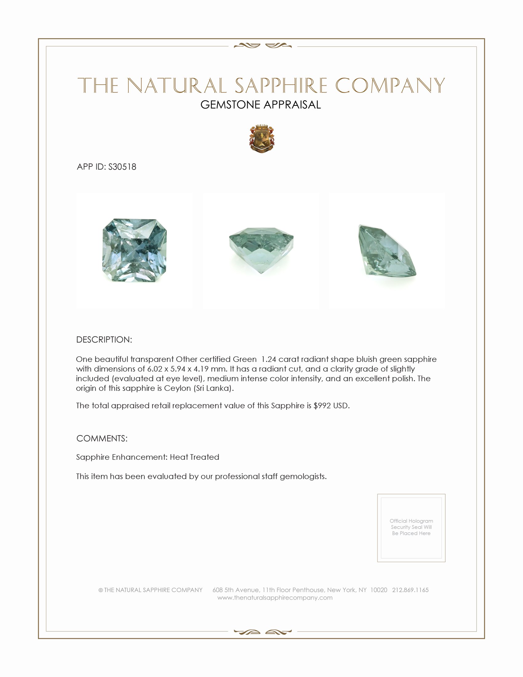 1.24 Ct. Bluish Green Sapphire from Ceylon (Sri Lanka)