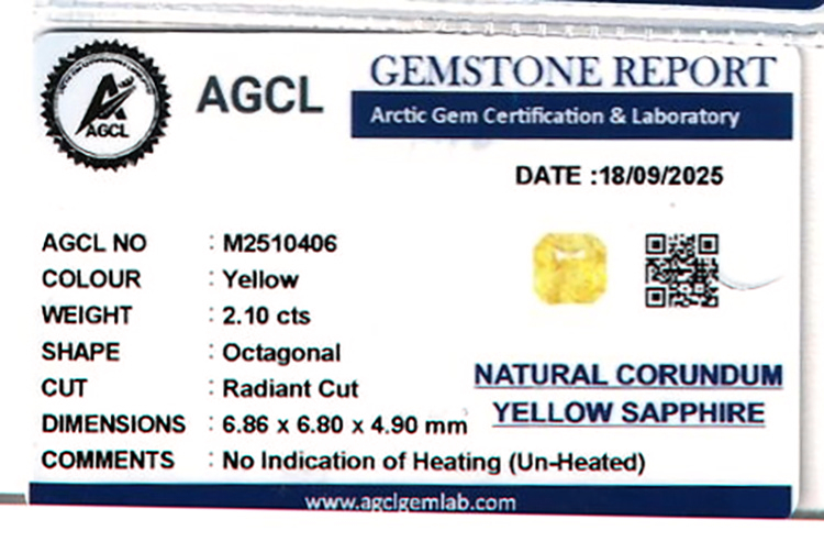 2.10 Ct. Yellow Sapphire from Ceylon (Sri Lanka)