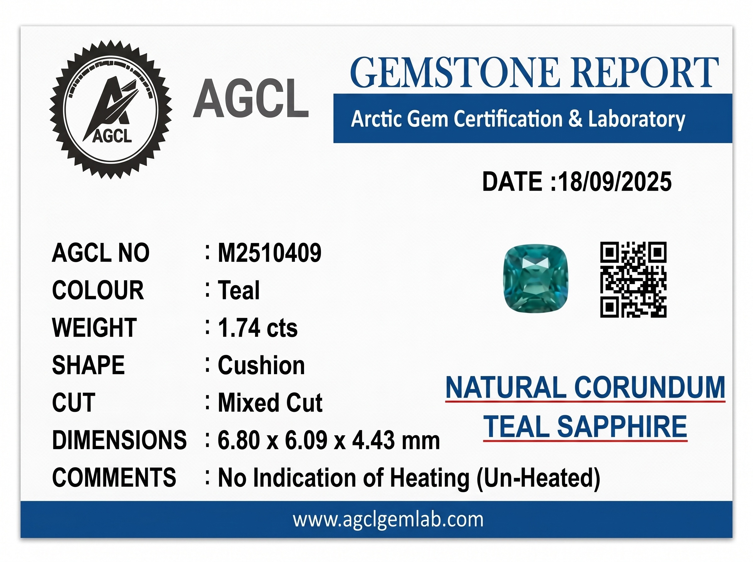 1.74 Ct. Bluish Green Sapphire from Ceylon (Sri Lanka)