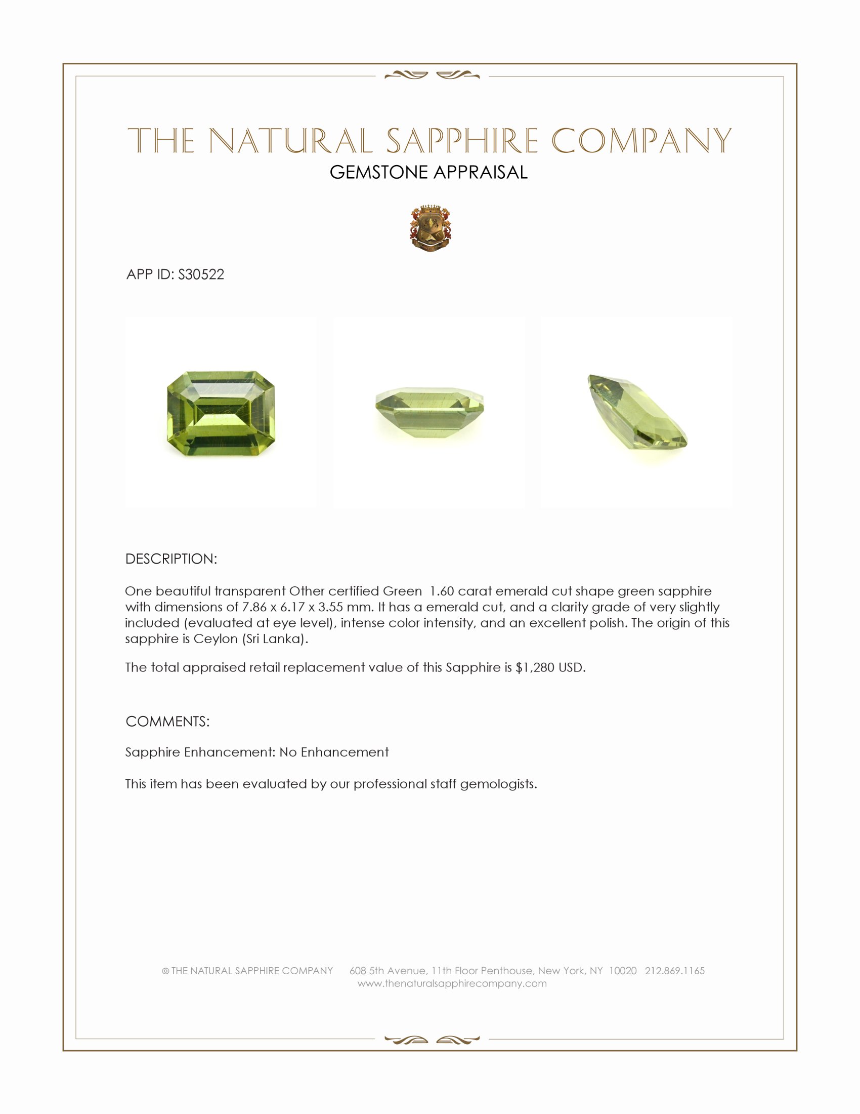 1.60 Ct. Green Sapphire from Ceylon (Sri Lanka)