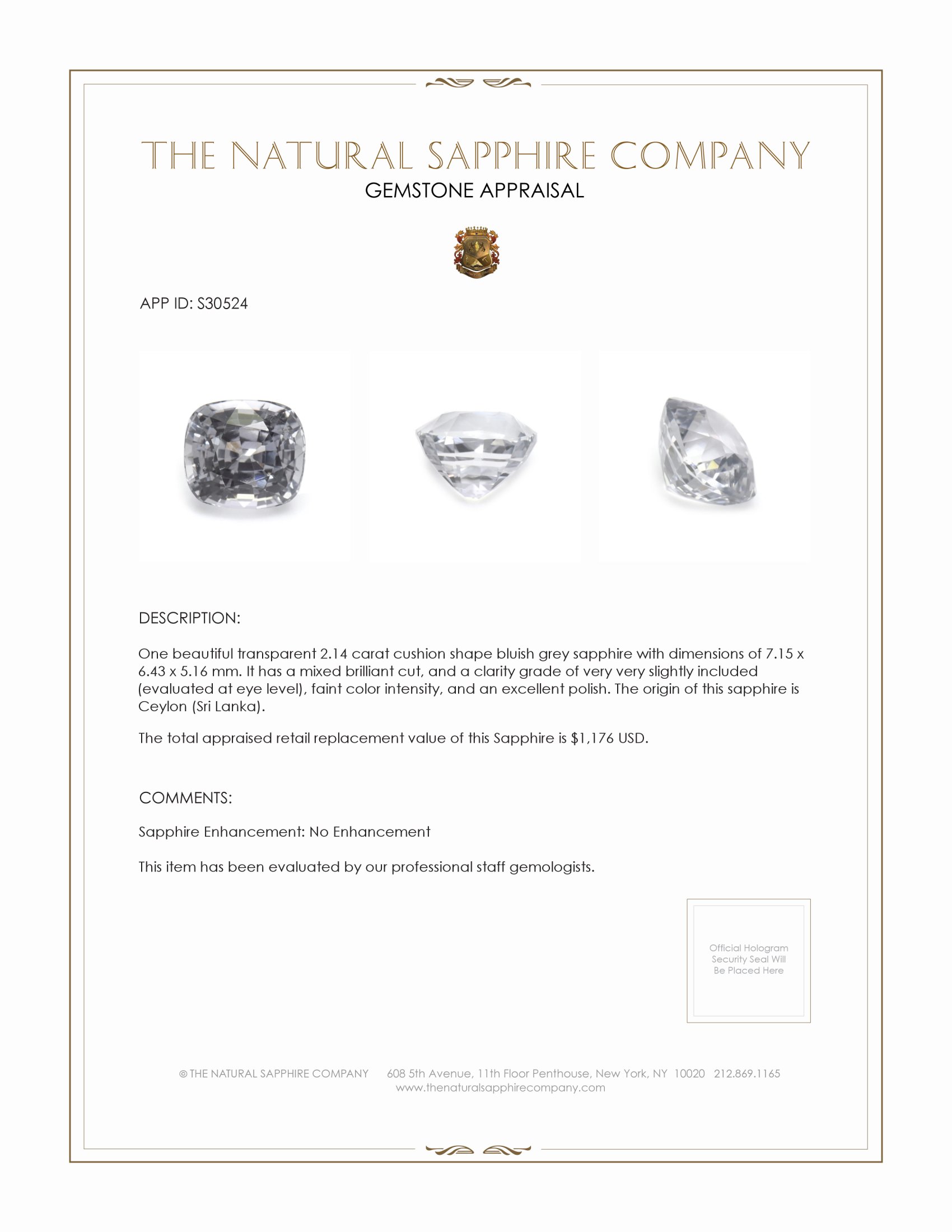 2.14 Ct. Bluish Grey Sapphire from Ceylon (Sri Lanka)