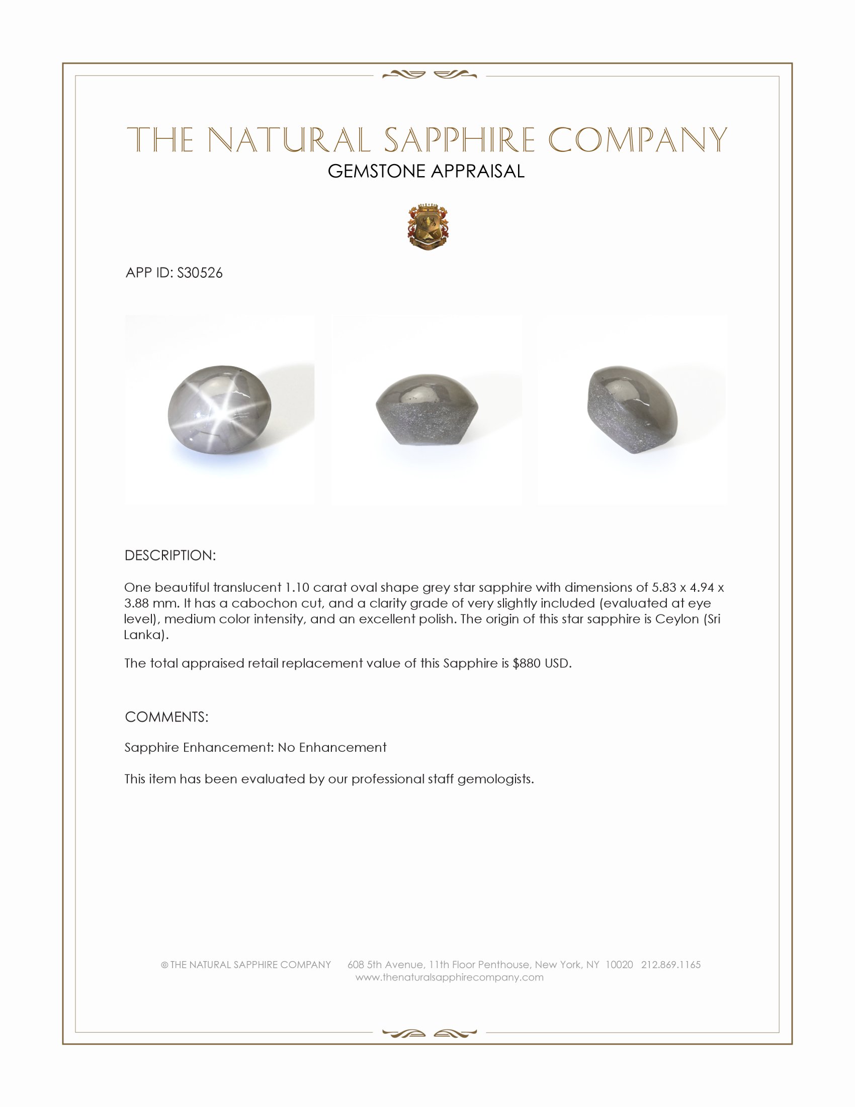 1.10 Ct. Grey Star Sapphire from Ceylon (Sri Lanka)