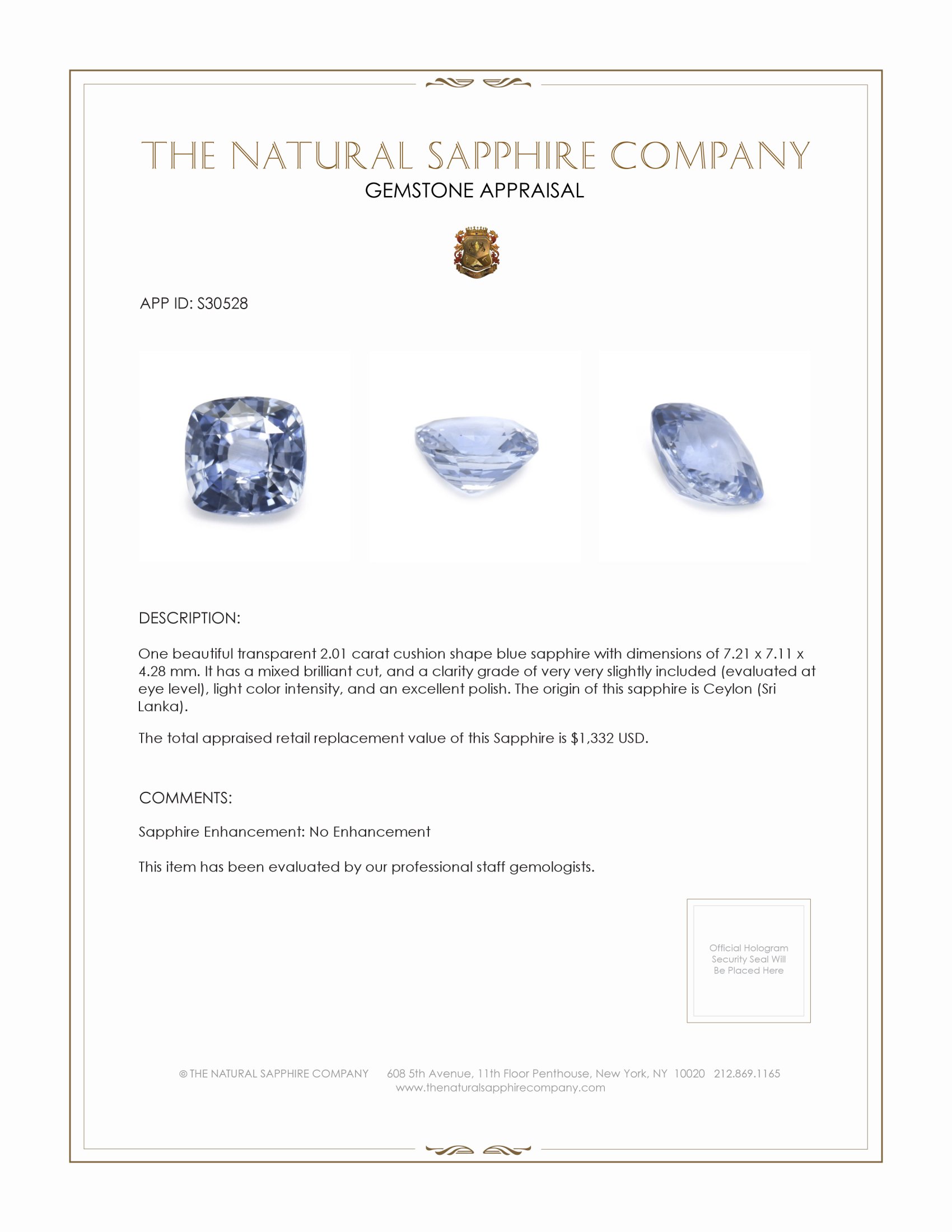 2.01 Ct. Blue Sapphire from Ceylon (Sri Lanka)