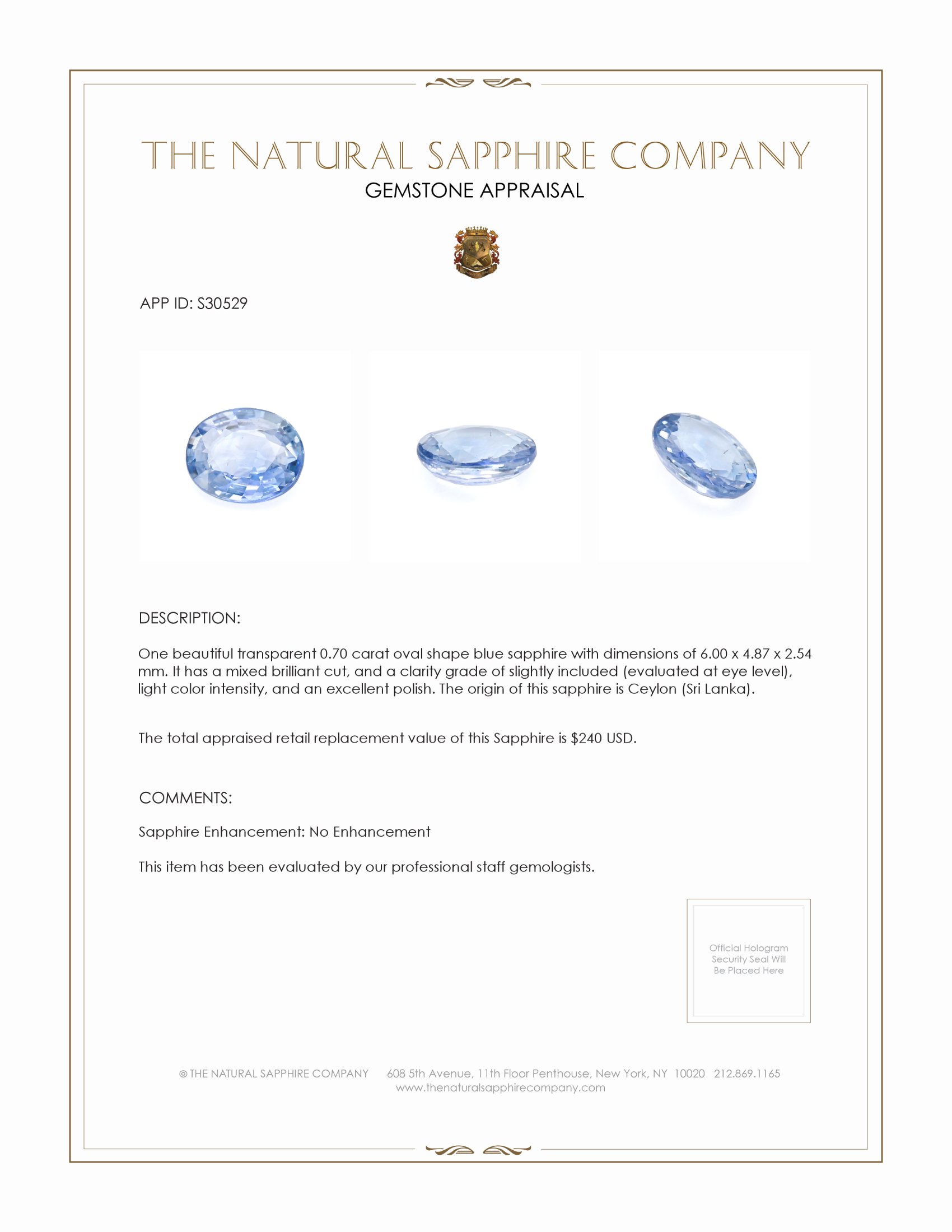 0.70 Ct. Blue Sapphire from Ceylon (Sri Lanka)