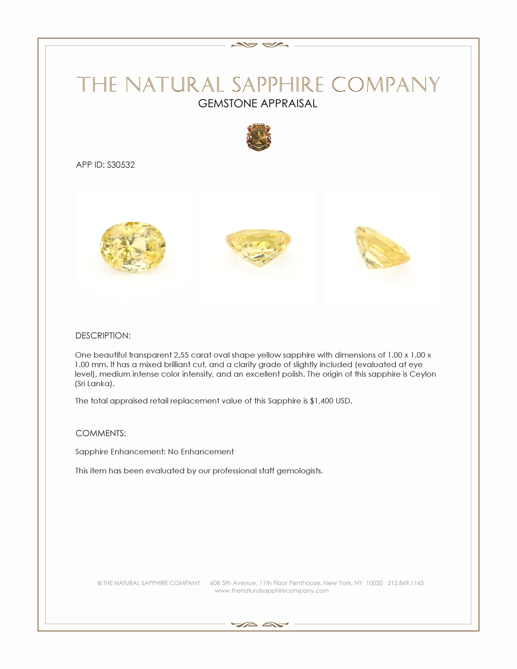 2.55 Ct. Yellow Sapphire from Ceylon (Sri Lanka)