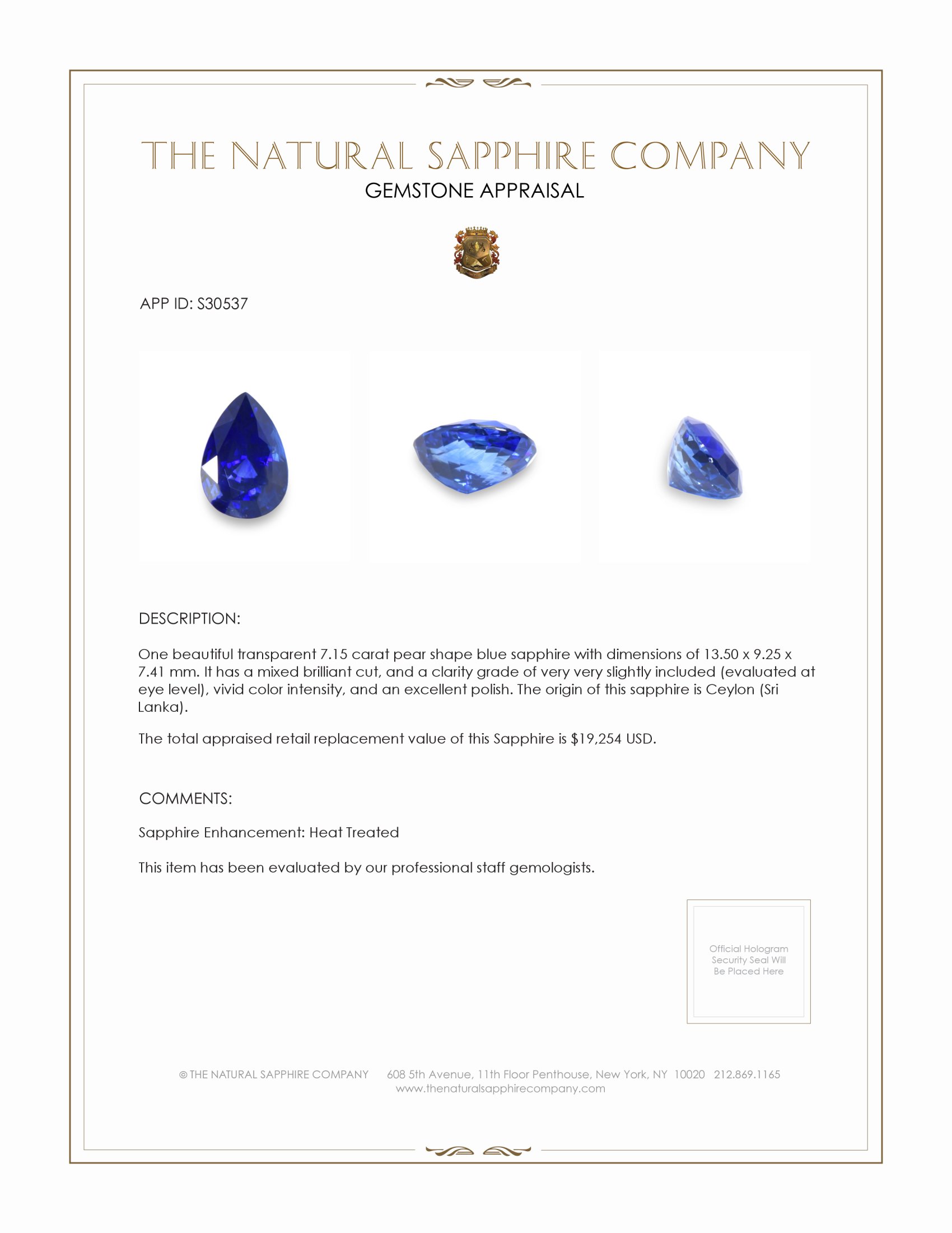 7.15 Ct. Blue Sapphire from Ceylon (Sri Lanka)