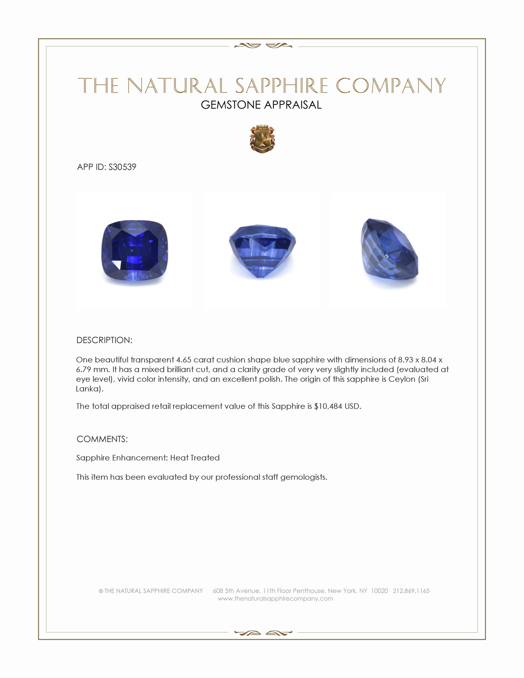 4.65 Ct. Blue Sapphire from Ceylon (Sri Lanka)
