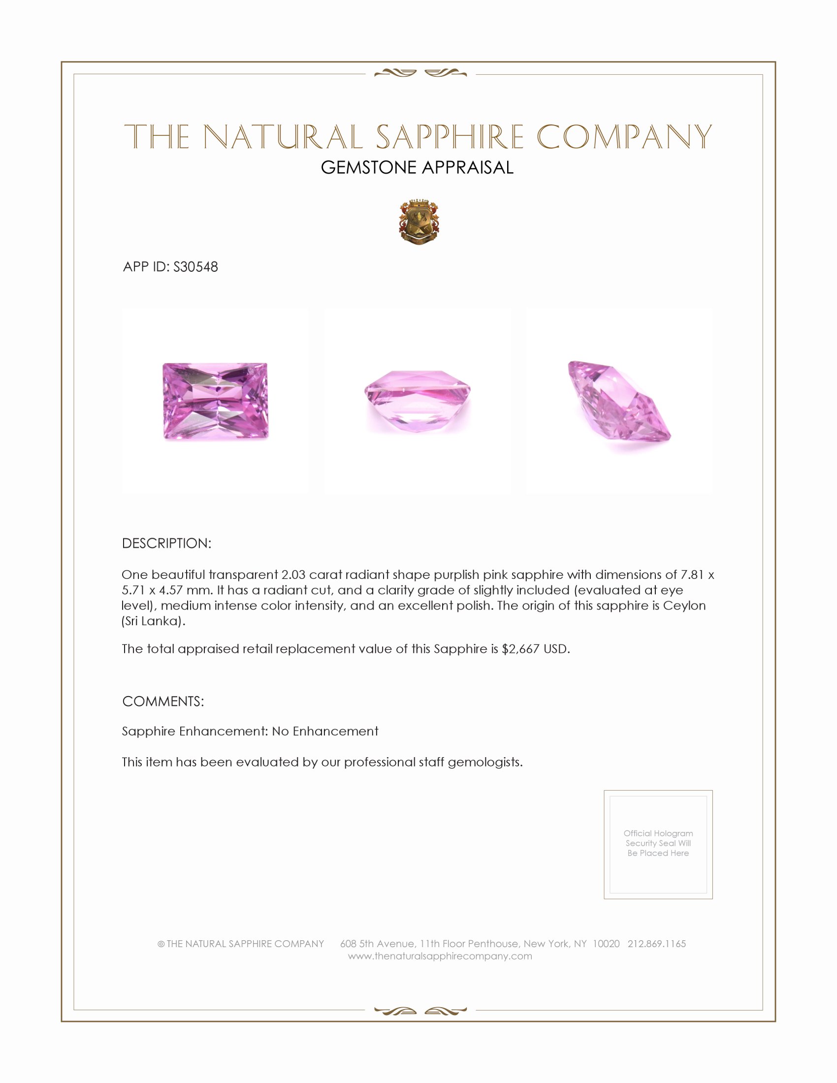2.03 Ct. Purplish Pink Sapphire from Ceylon (Sri Lanka)