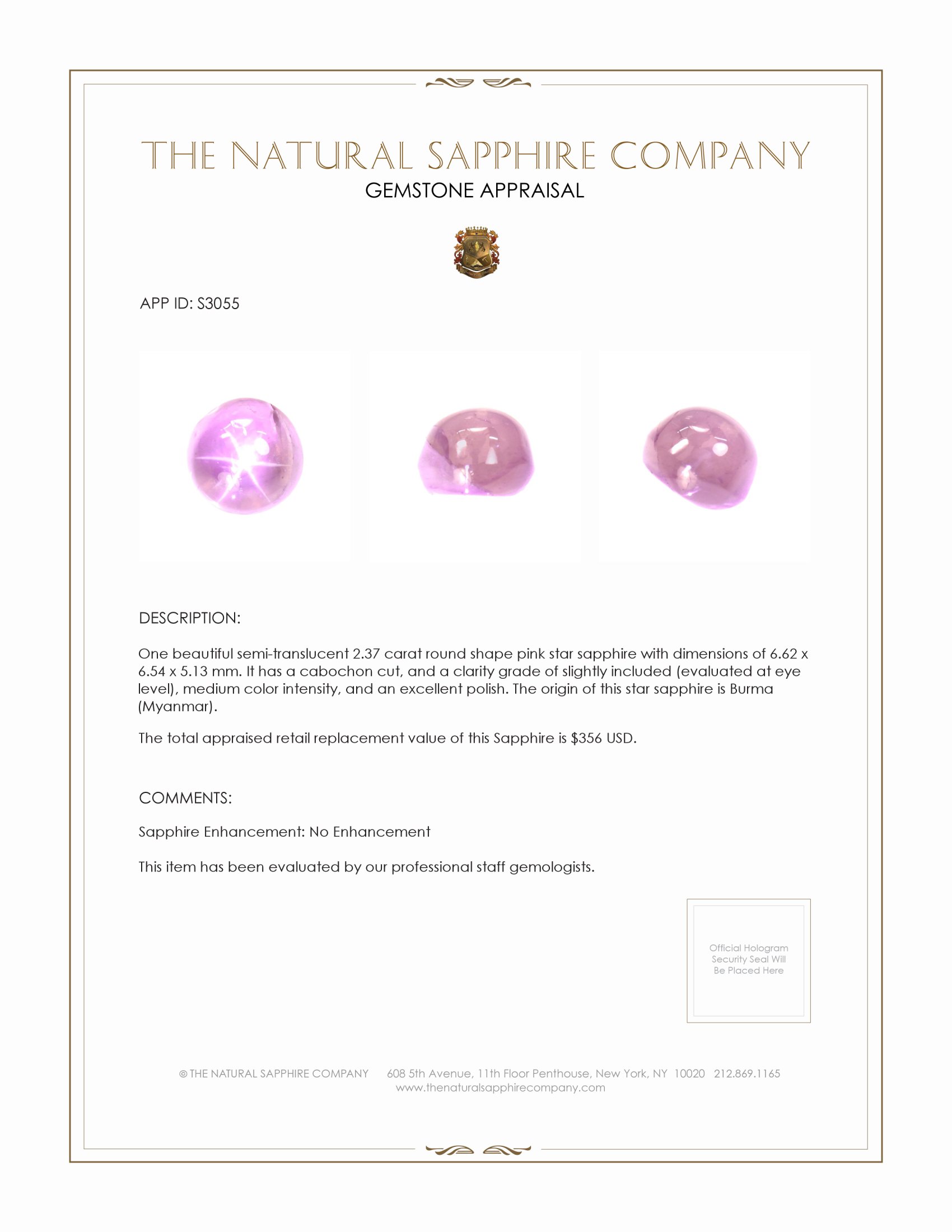 2.37 Ct. Pink Star Sapphire from Burma (Myanmar)