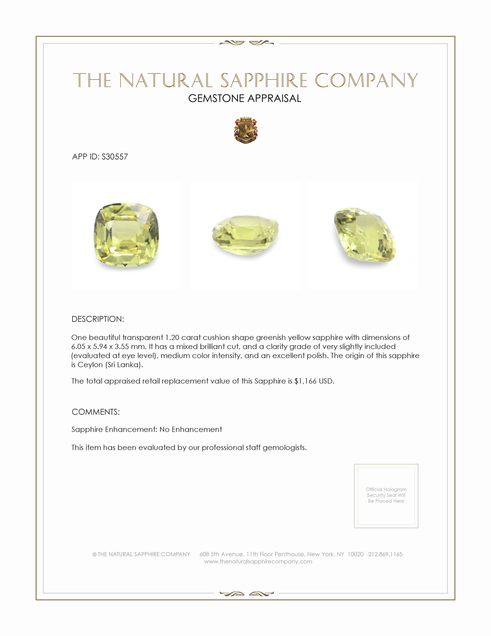 1.20 Ct. Greenish Yellow Sapphire from Ceylon (Sri Lanka)