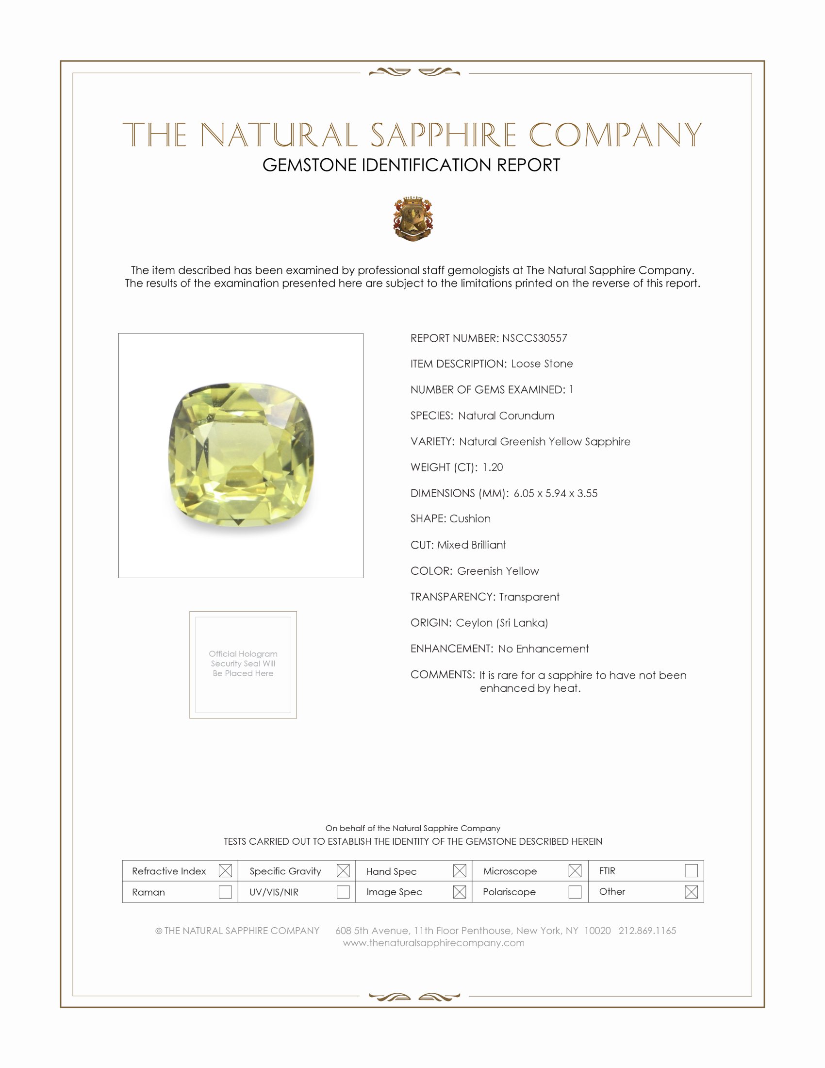 1.20 Ct. Greenish Yellow Sapphire from Ceylon (Sri Lanka)