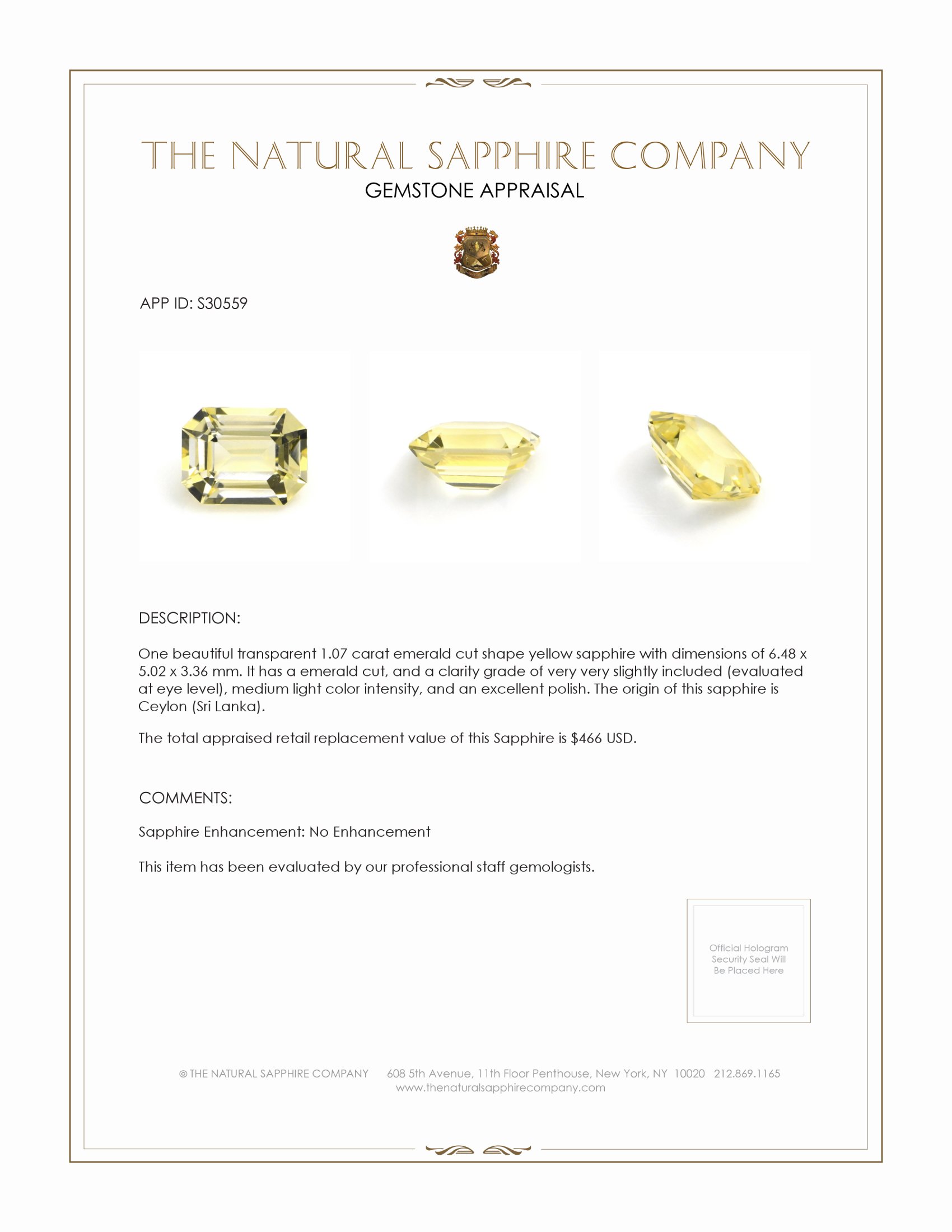 1.07 Ct. Yellow Sapphire from Ceylon (Sri Lanka)