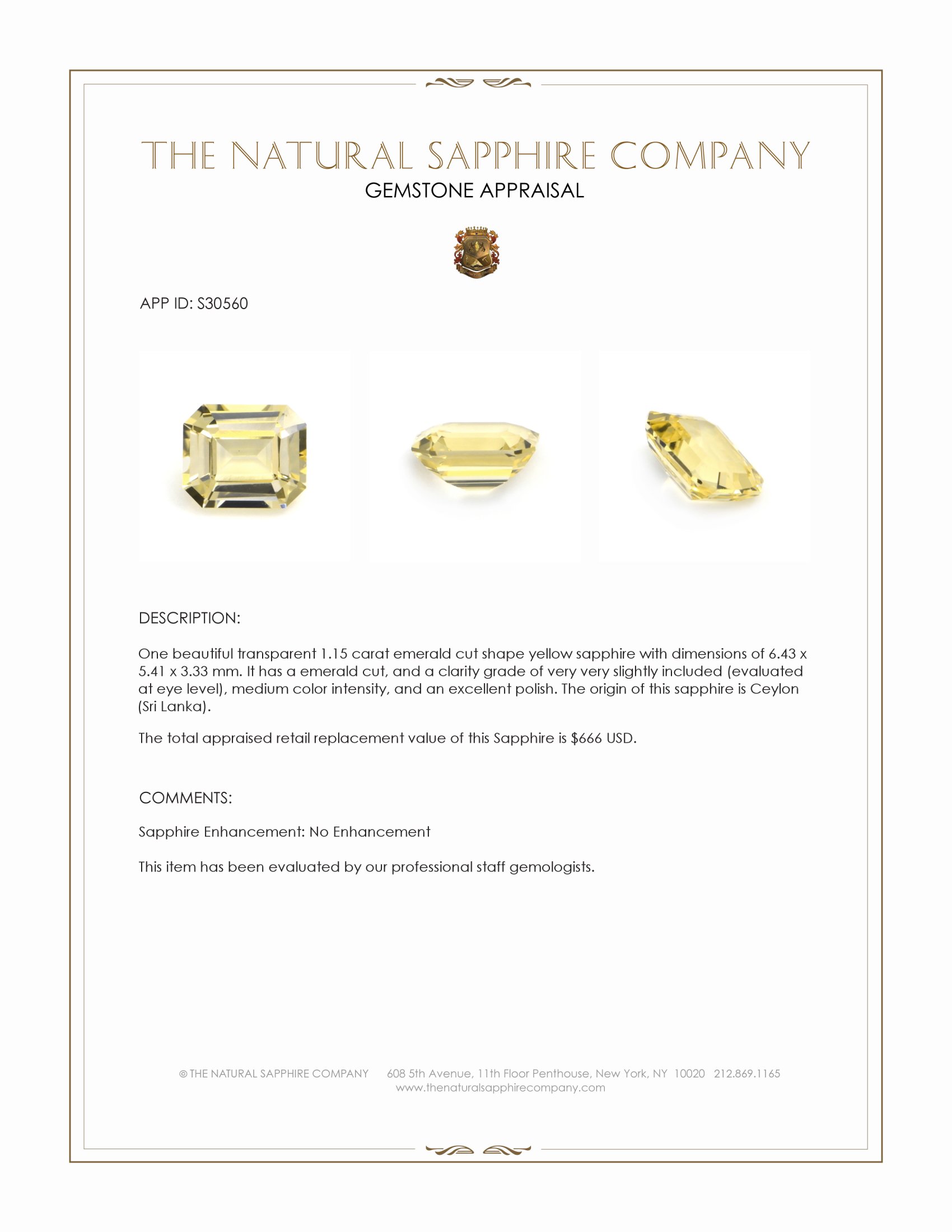 1.15 Ct. Yellow Sapphire from Ceylon (Sri Lanka)