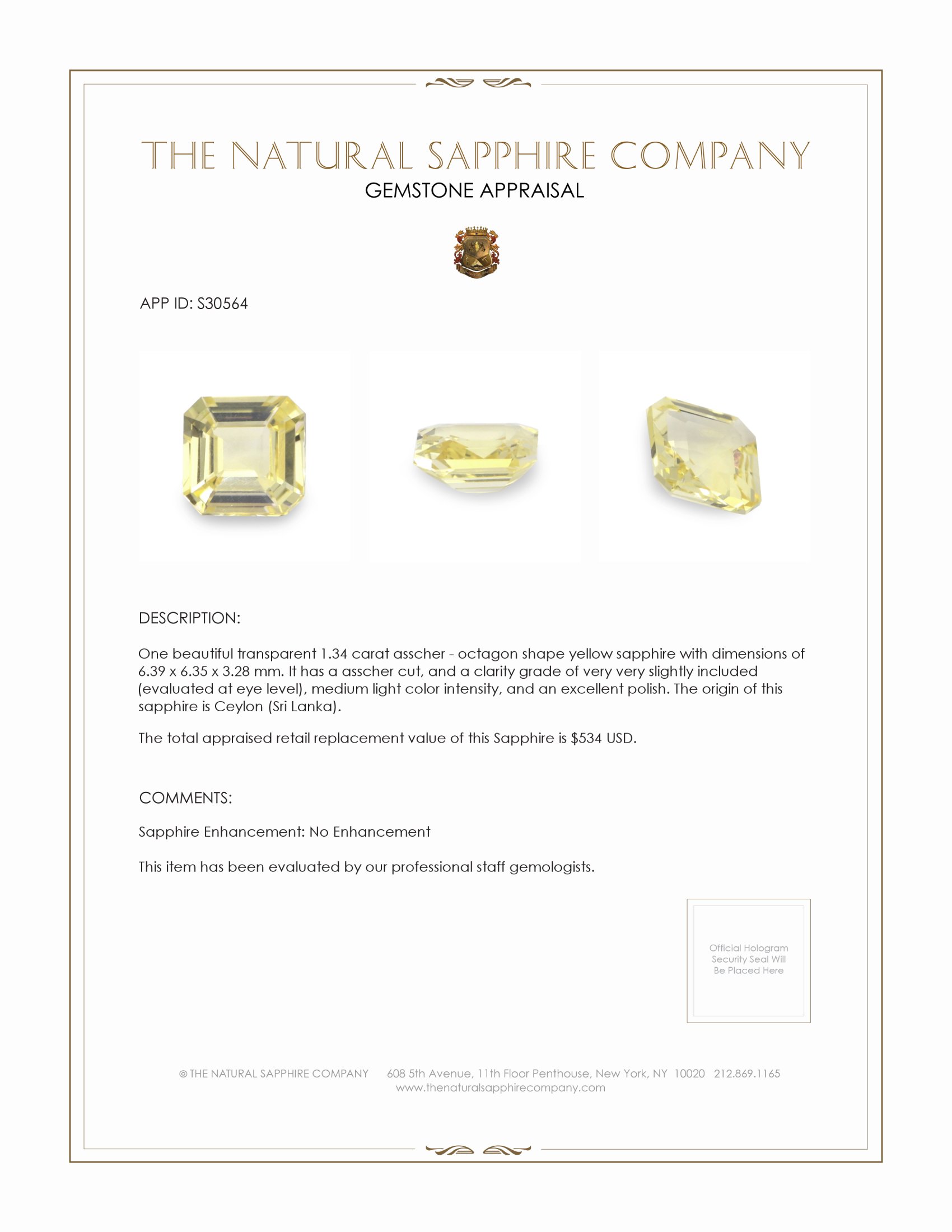 1.34 Ct. Yellow Sapphire from Ceylon (Sri Lanka)