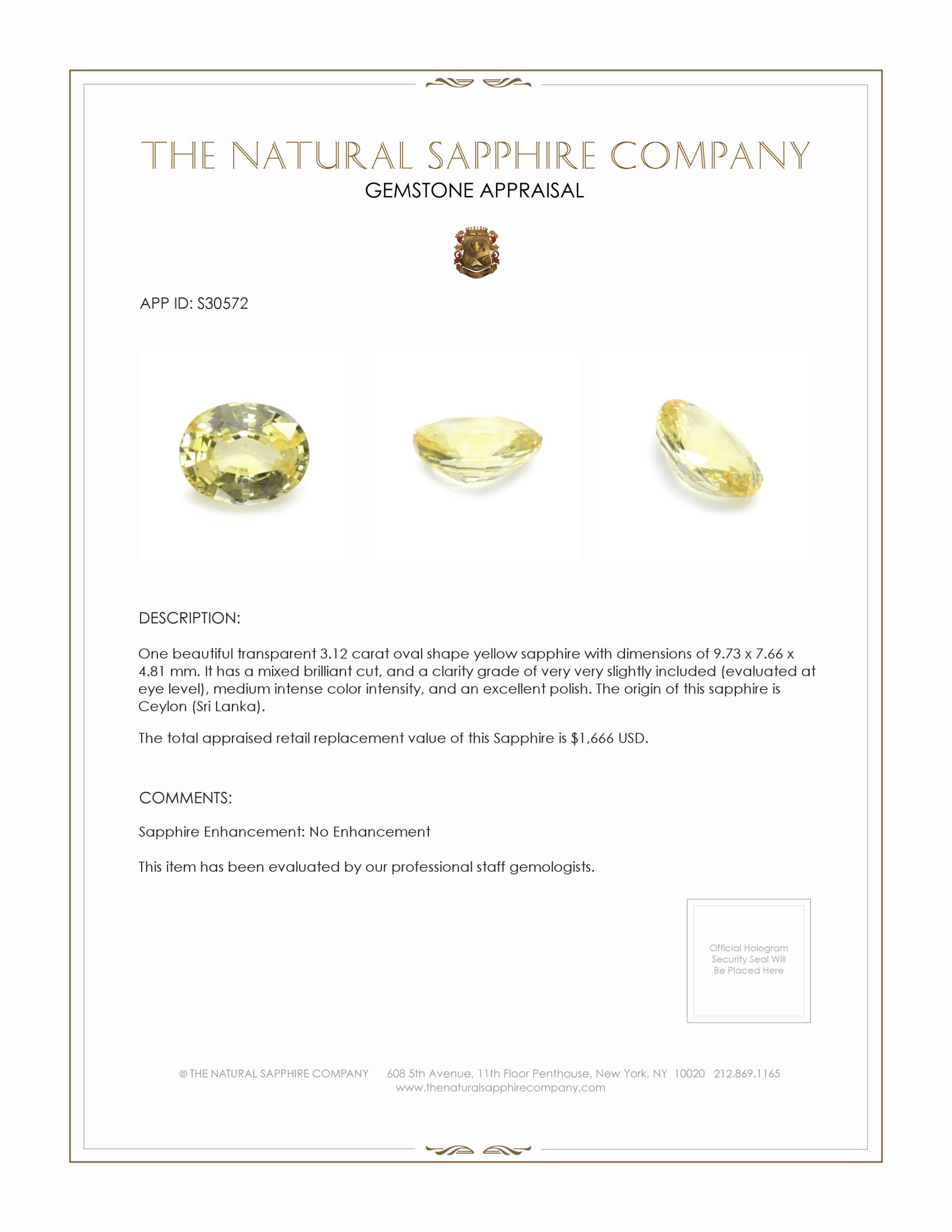 3.12 Ct. Yellow Sapphire from Ceylon (Sri Lanka)