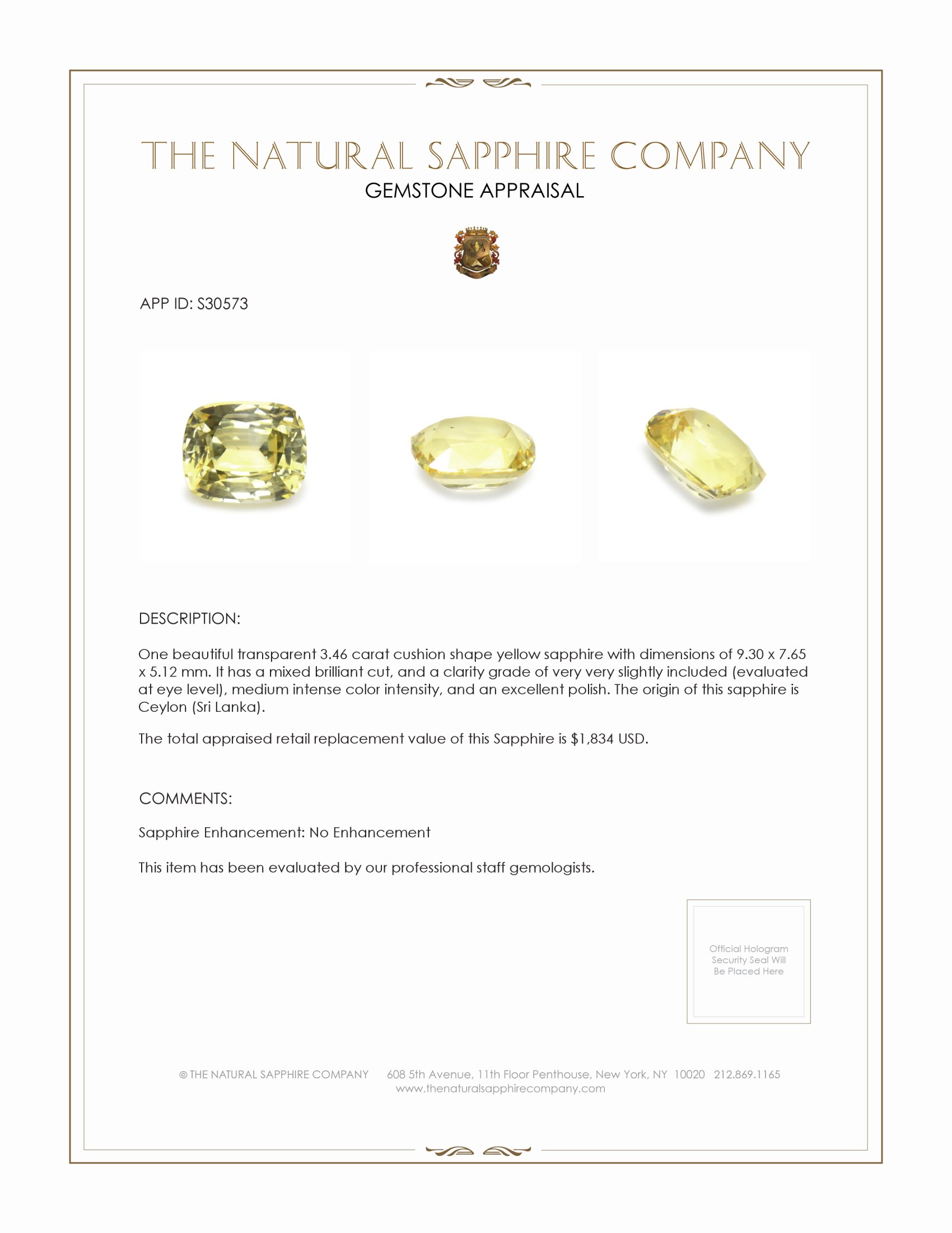 3.46 Ct. Yellow Sapphire from Ceylon (Sri Lanka)