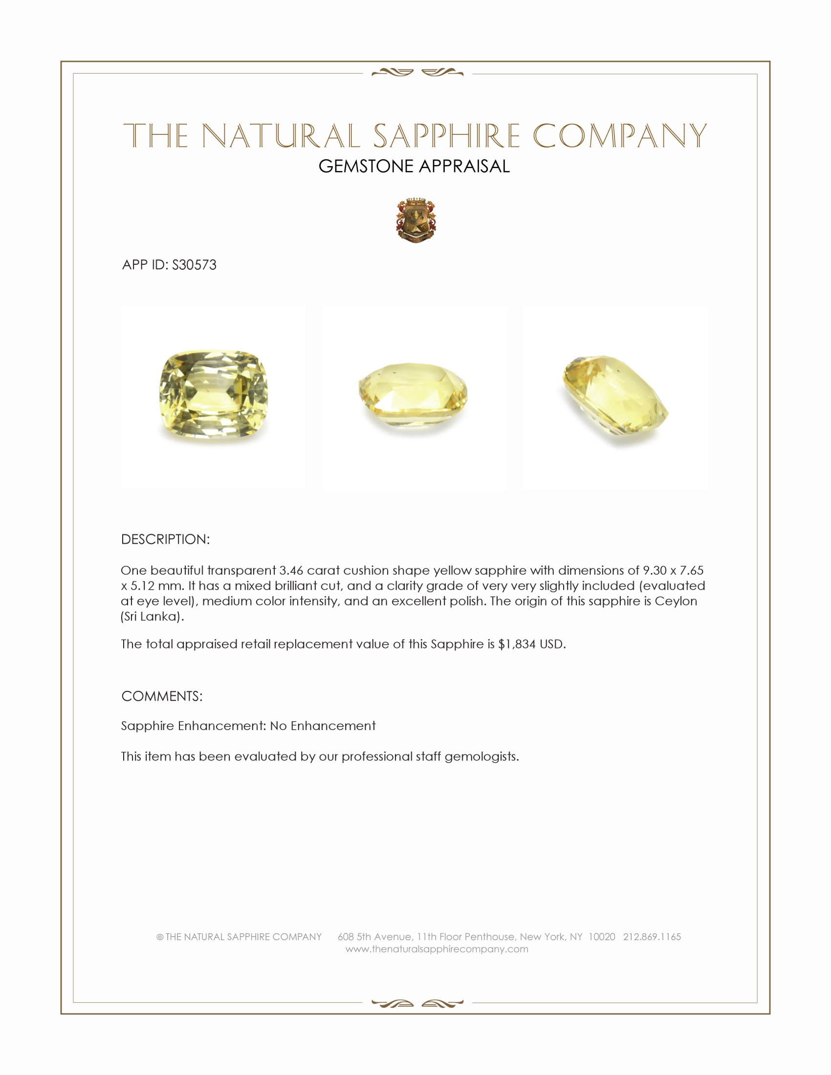 3.46 Ct. Yellow Sapphire from Ceylon (Sri Lanka)
