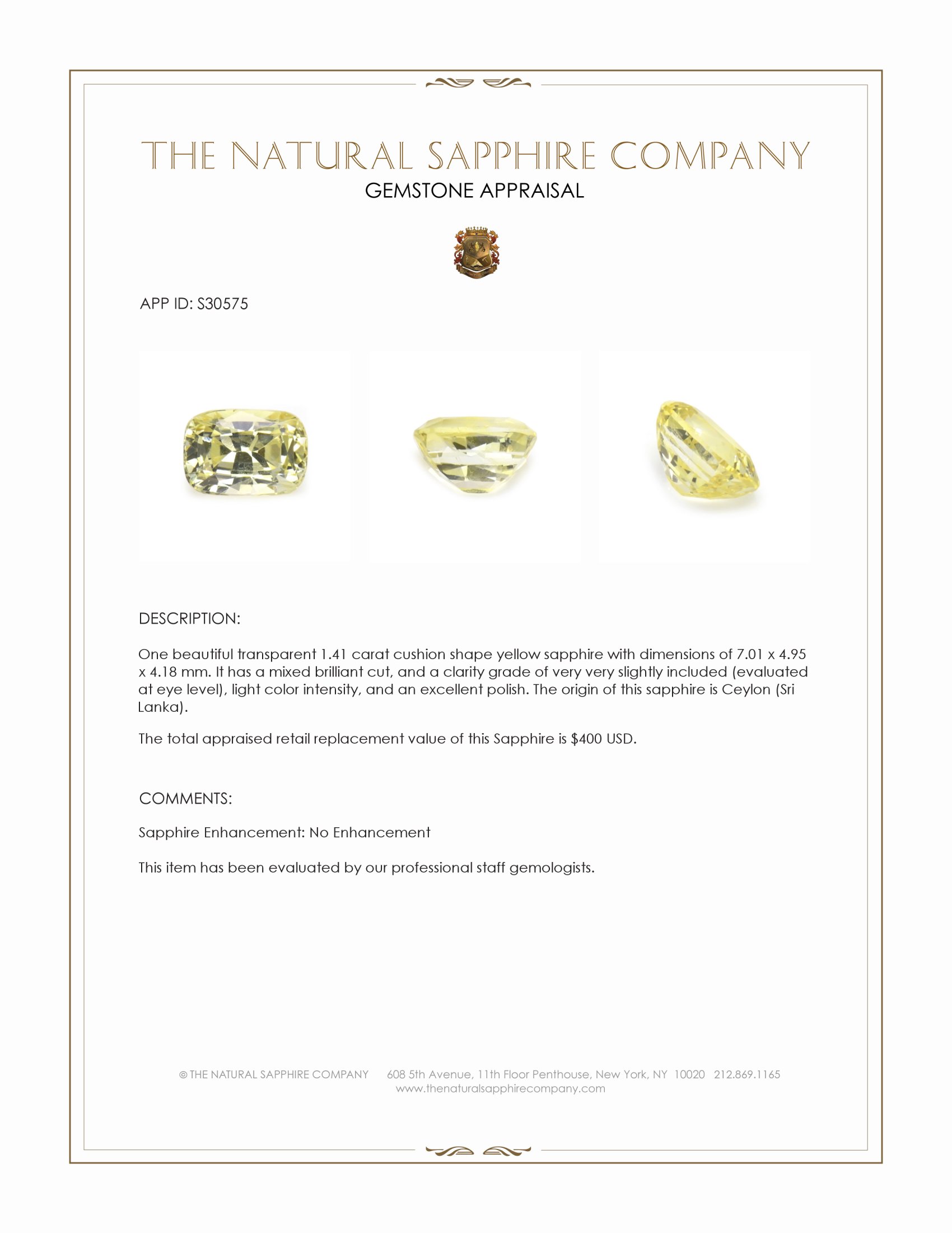1.41 Ct. Yellow Sapphire from Ceylon (Sri Lanka)