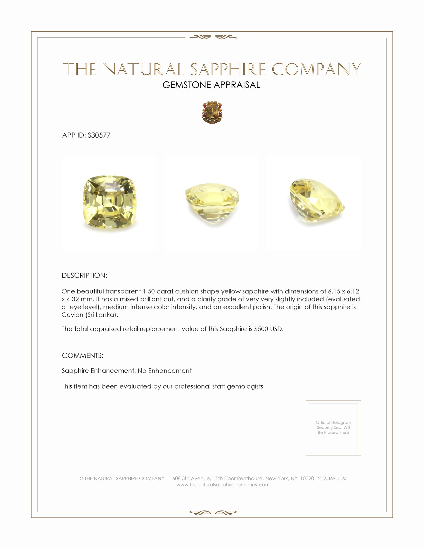 1.50 Ct. Yellow Sapphire from Ceylon (Sri Lanka)