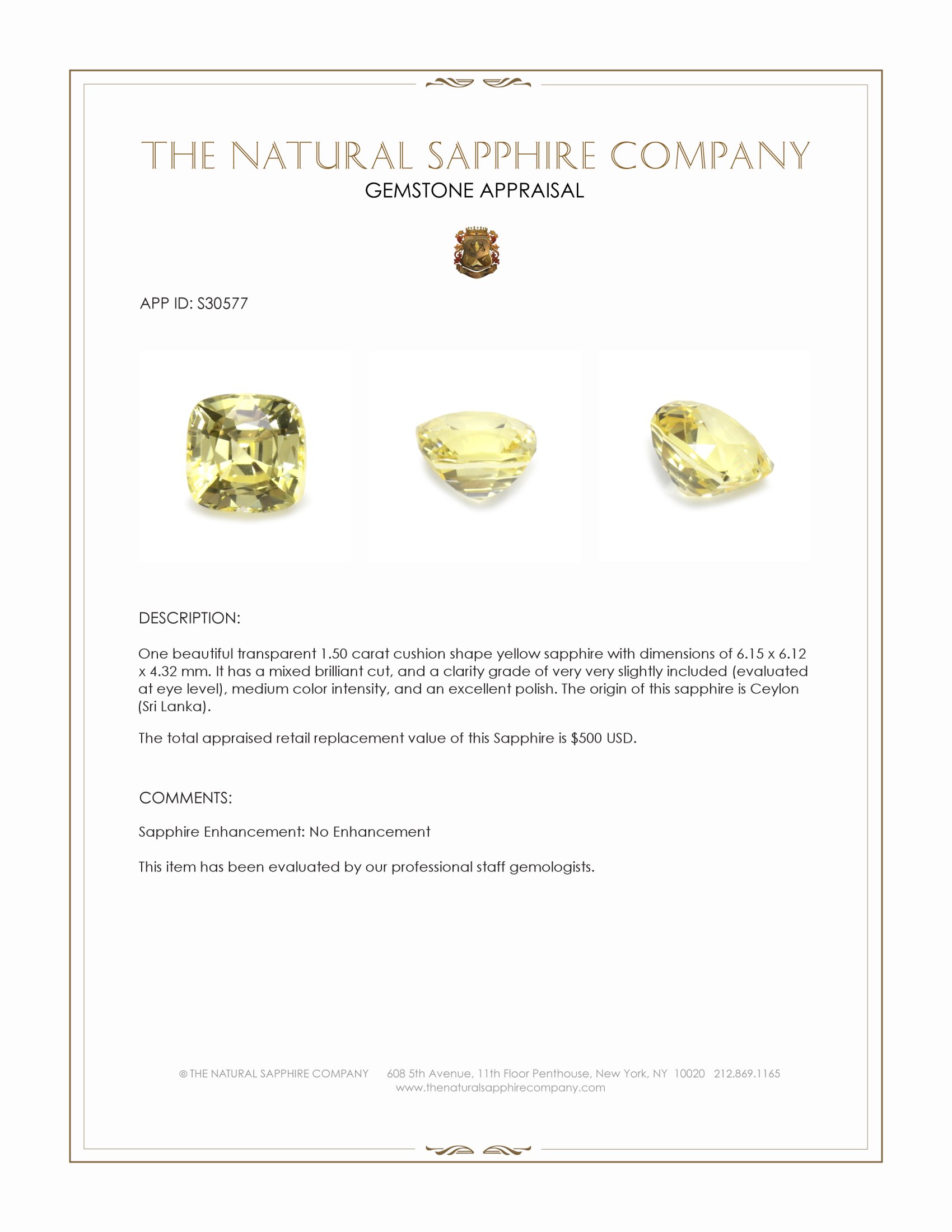 1.50 Ct. Yellow Sapphire from Ceylon (Sri Lanka)
