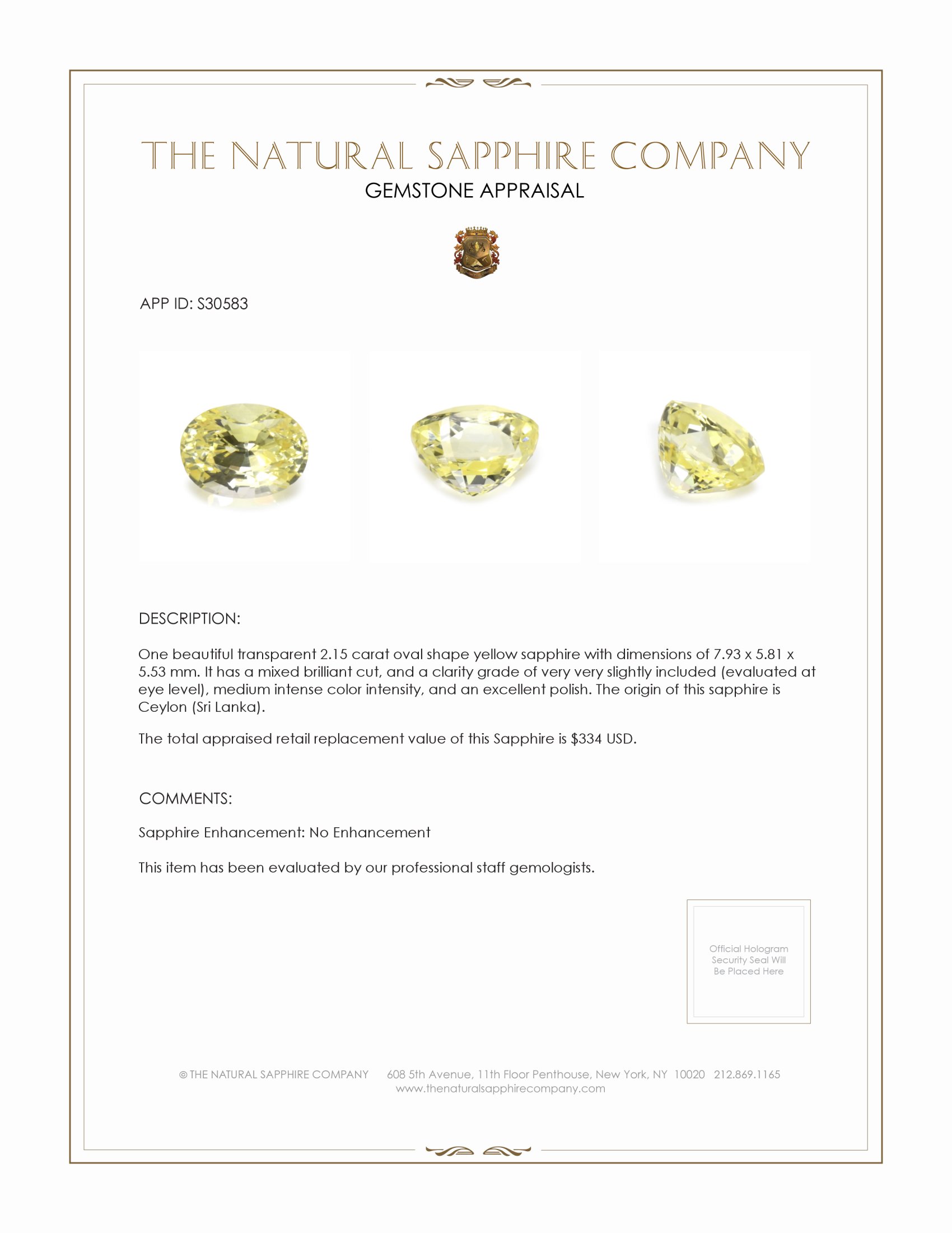 2.15 Ct. Yellow Sapphire from Ceylon (Sri Lanka)