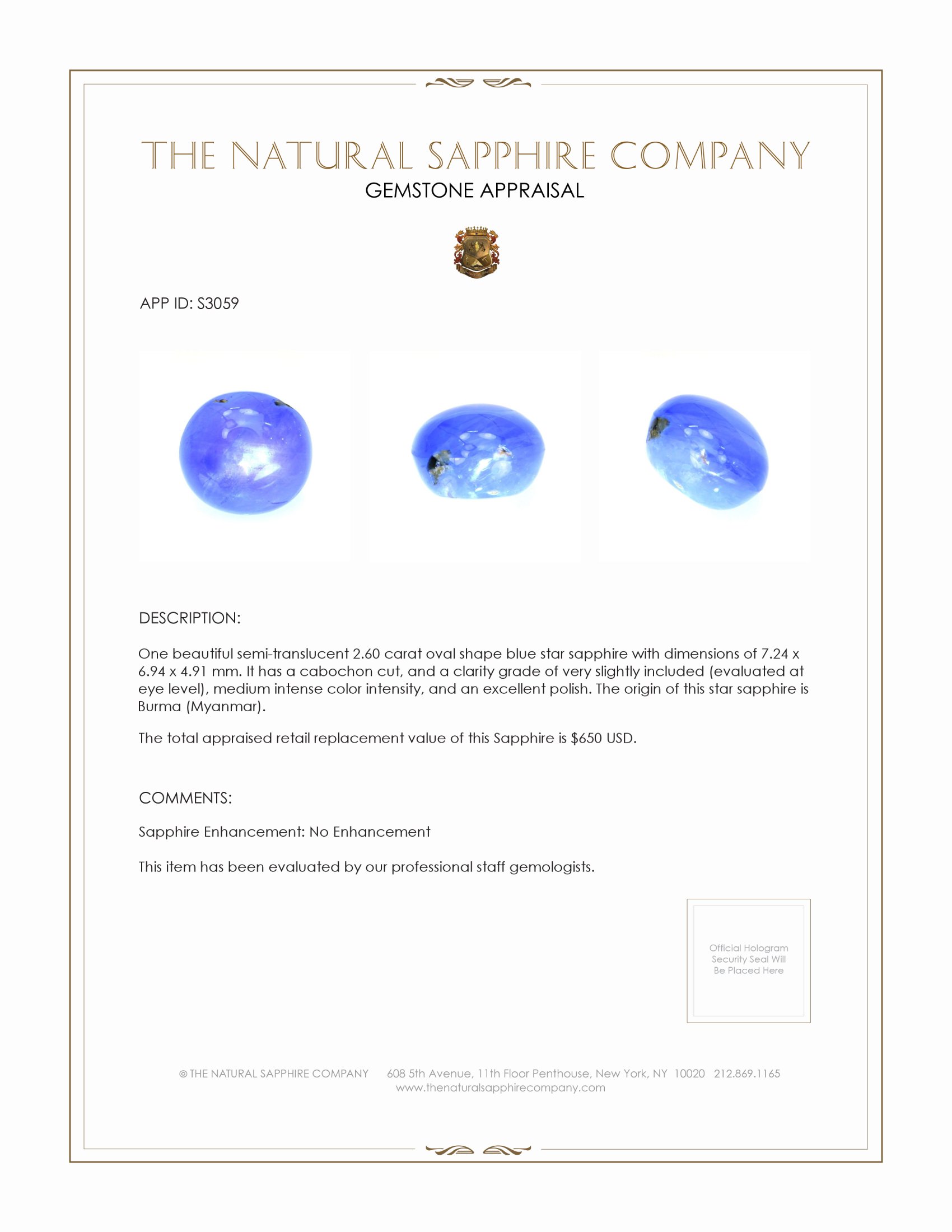 2.60 Ct. Blue Star Sapphire from Burma (Myanmar)