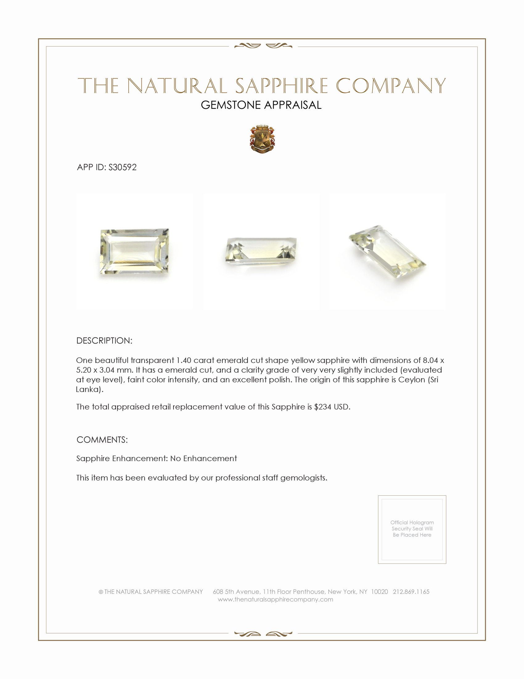 1.40 Ct. Yellow Sapphire from Ceylon (Sri Lanka)