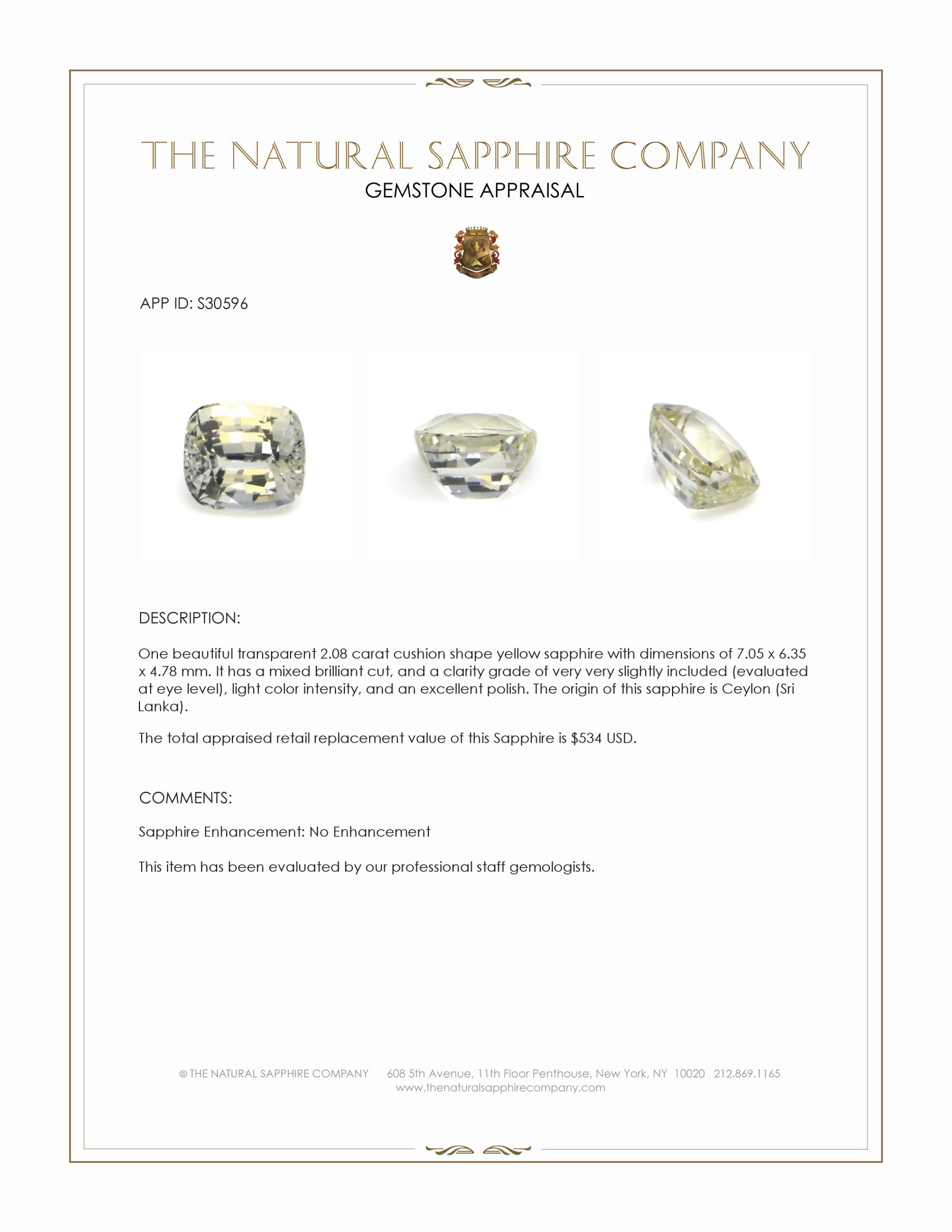 2.08 Ct. Yellow Sapphire from Ceylon (Sri Lanka)