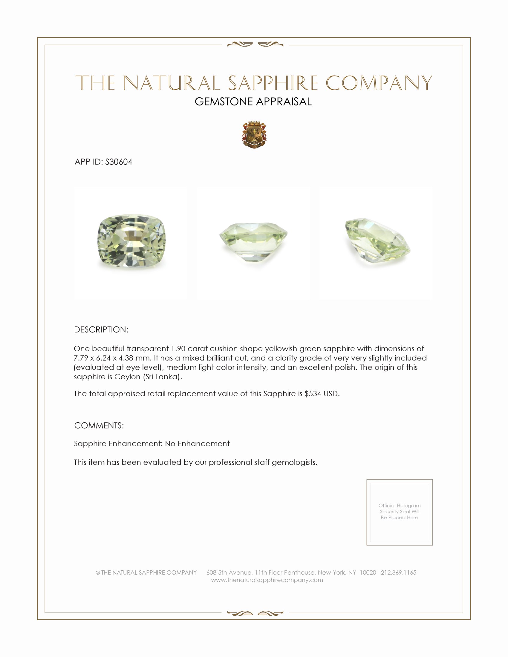 1.90 Ct. Yellowish Green Sapphire from Ceylon (Sri Lanka)