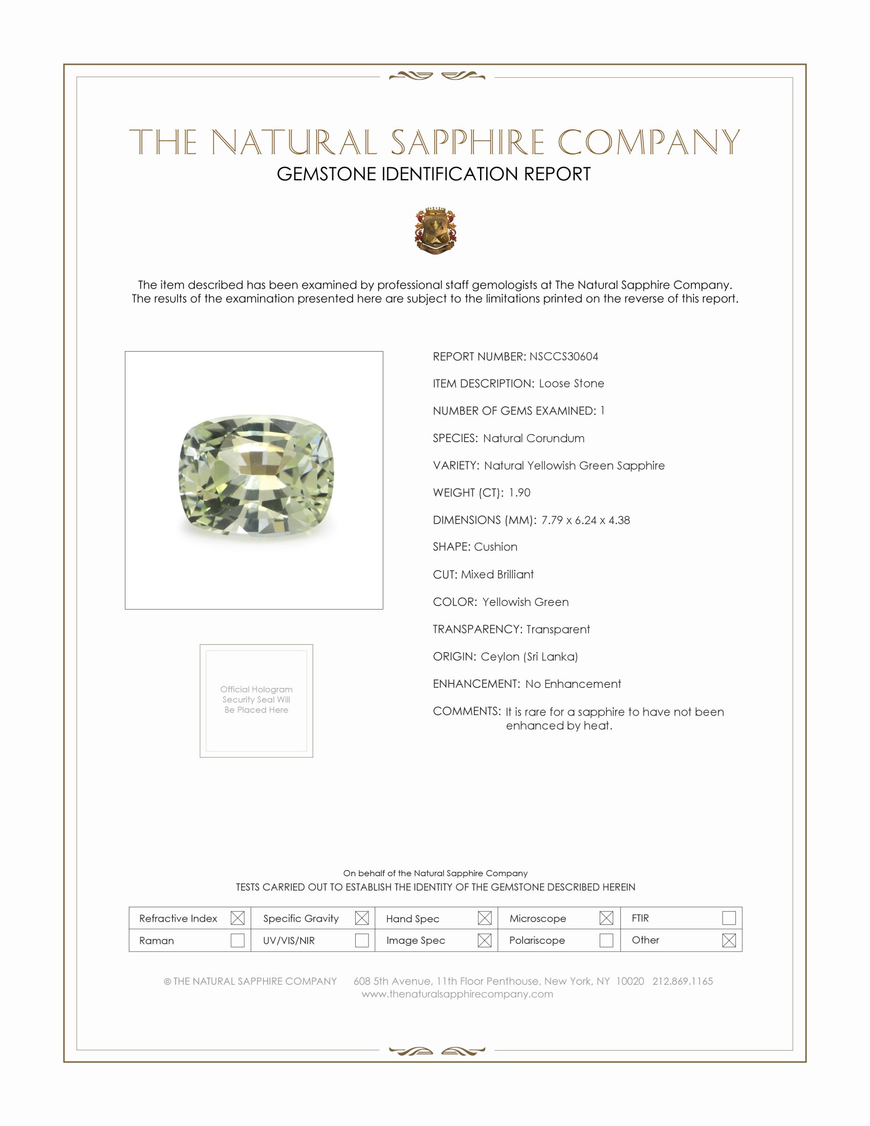 1.90 Ct. Yellowish Green Sapphire from Ceylon (Sri Lanka)