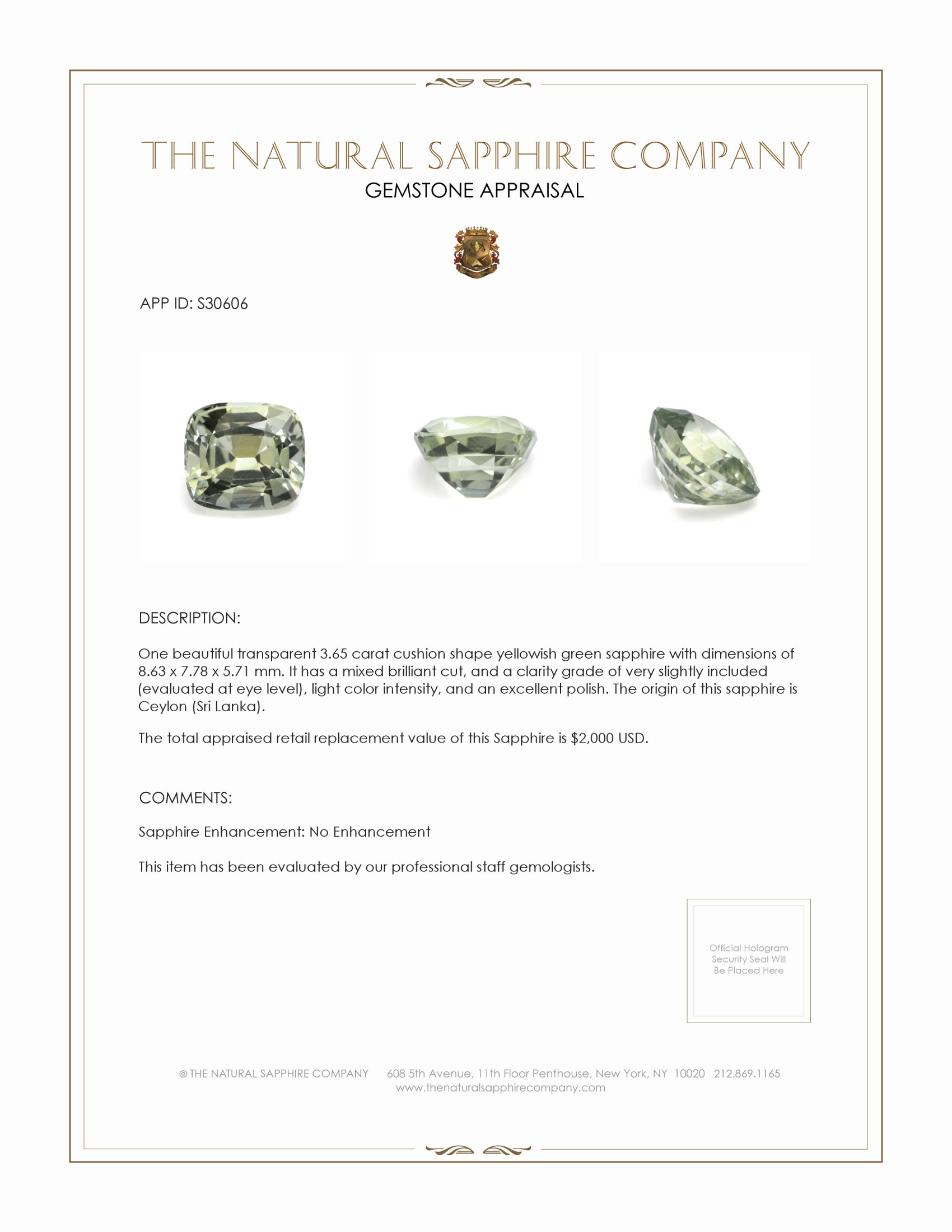 3.65 Ct. Yellowish Green Sapphire from Ceylon (Sri Lanka)