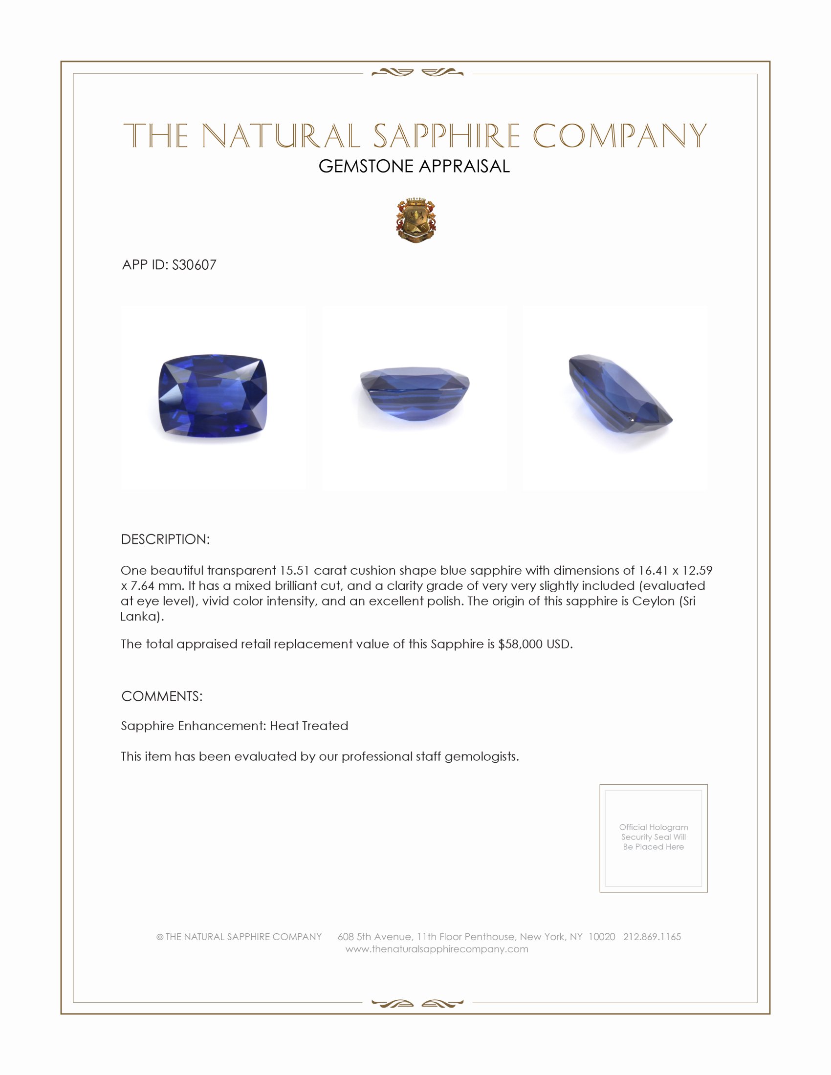 15.51 Ct. Blue Sapphire from Ceylon (Sri Lanka)