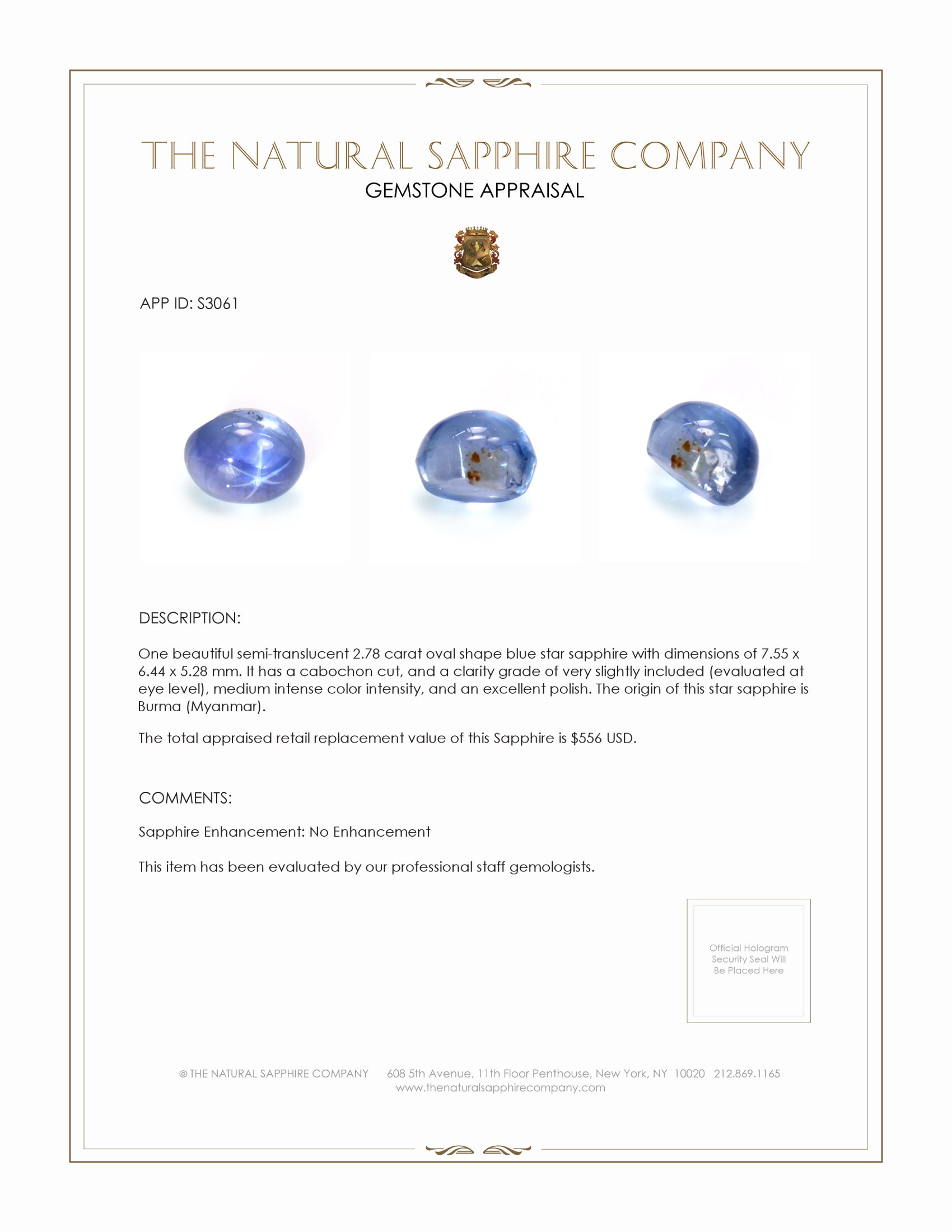 2.78 Ct. Blue Star Sapphire from Burma (Myanmar)