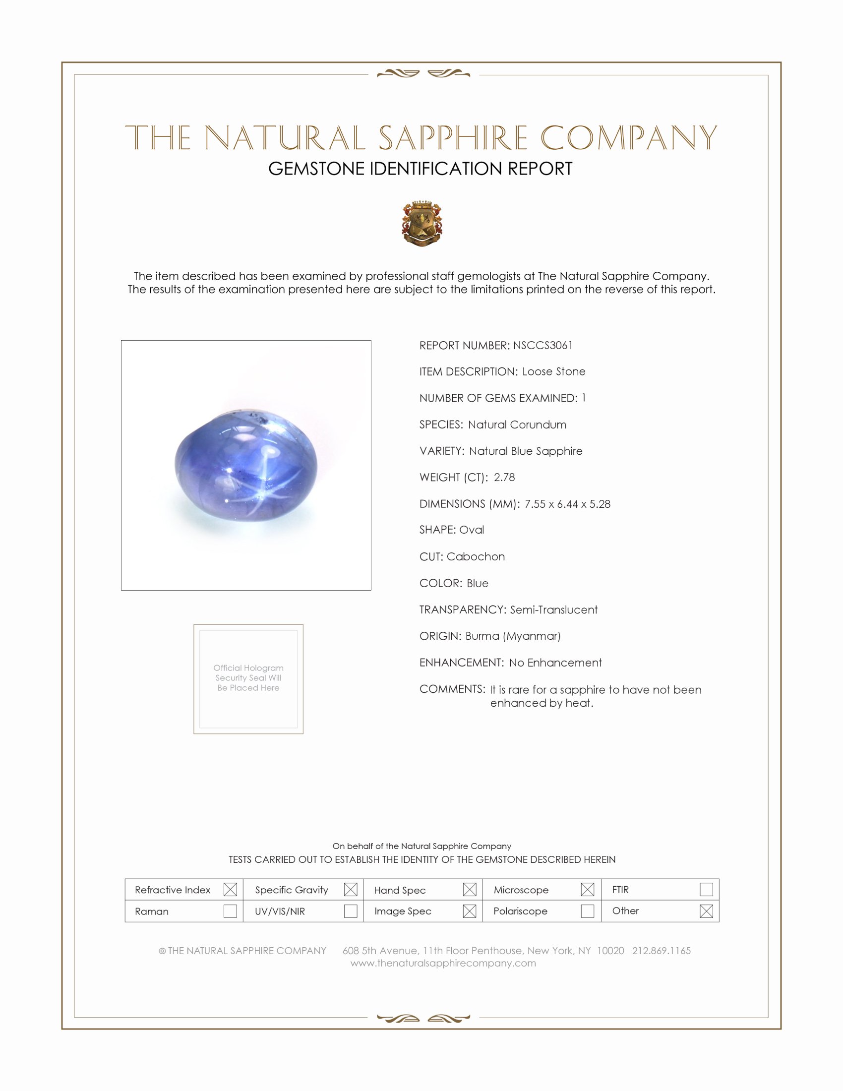 2.78 Ct. Blue Star Sapphire from Burma (Myanmar)
