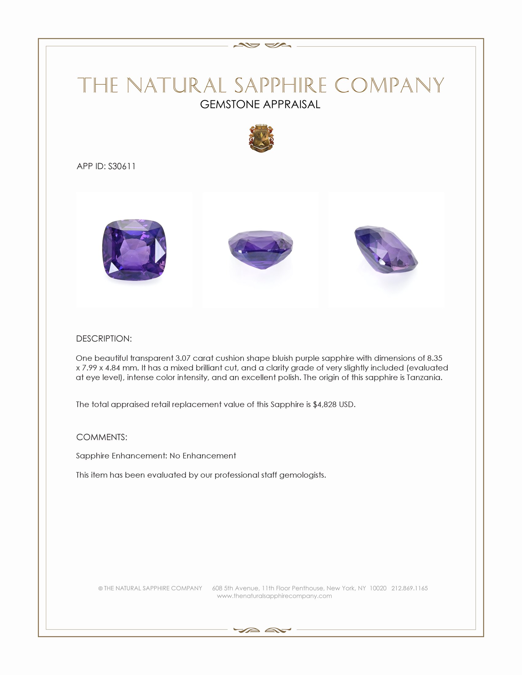 3.07 Ct. Bluish Purple Sapphire from Tanzania