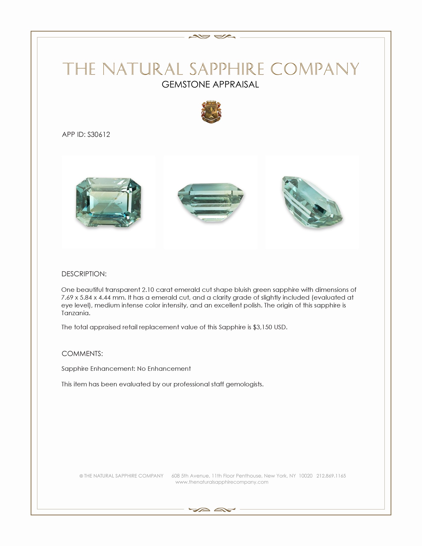 2.10 Ct. Bluish Green Sapphire from Tanzania