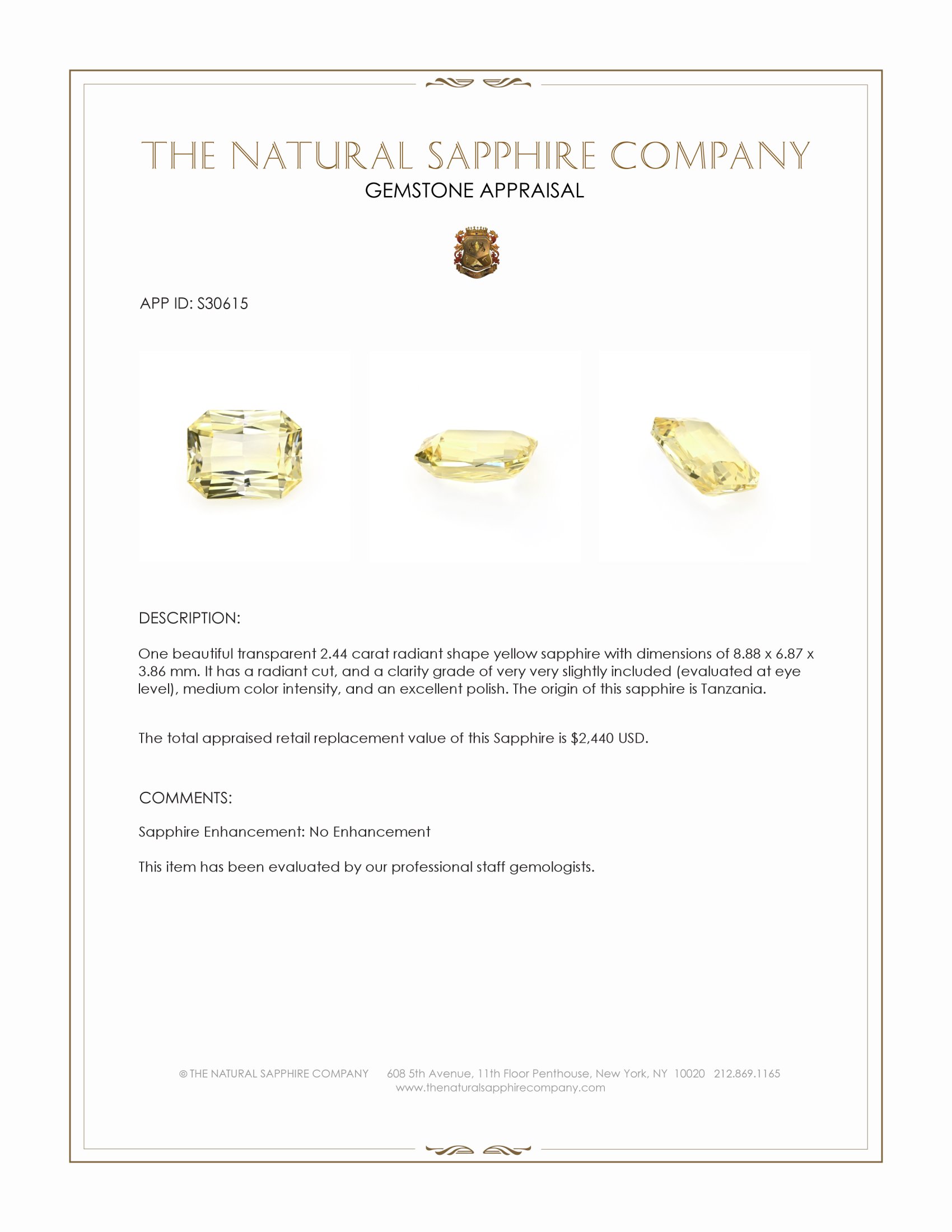 2.44 Ct. Yellow Sapphire from Tanzania