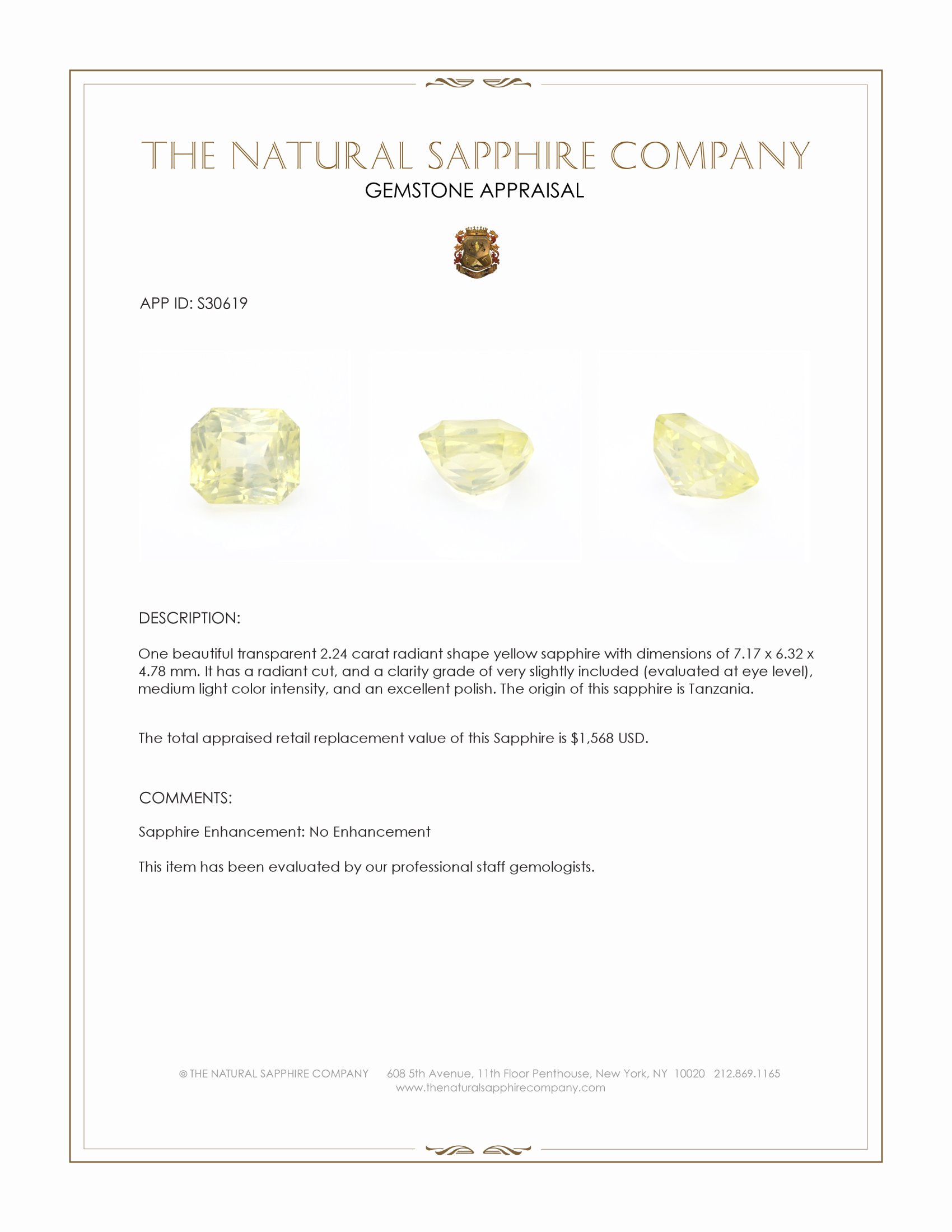 2.24 Ct. Yellow Sapphire from Tanzania