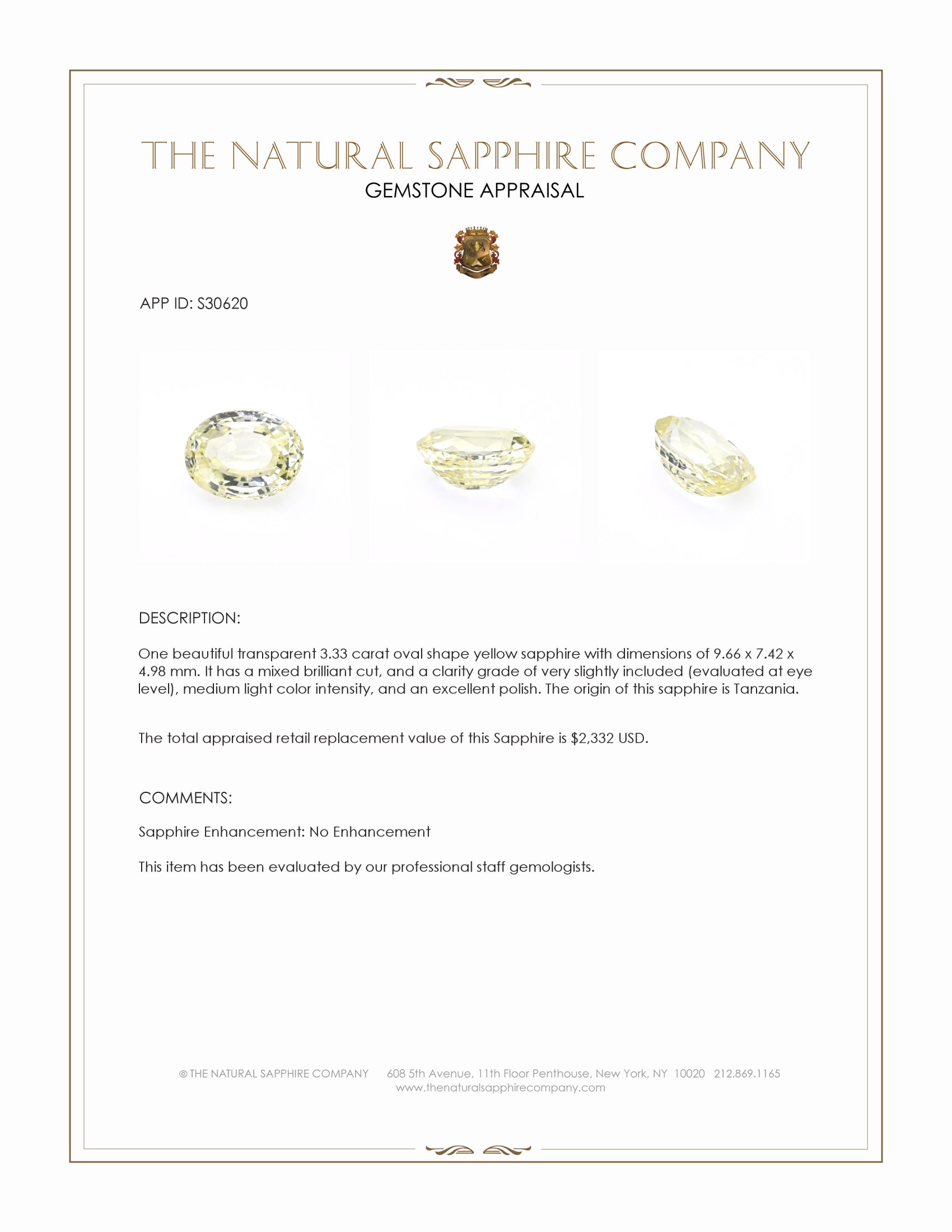 3.33 Ct. Yellow Sapphire from Tanzania