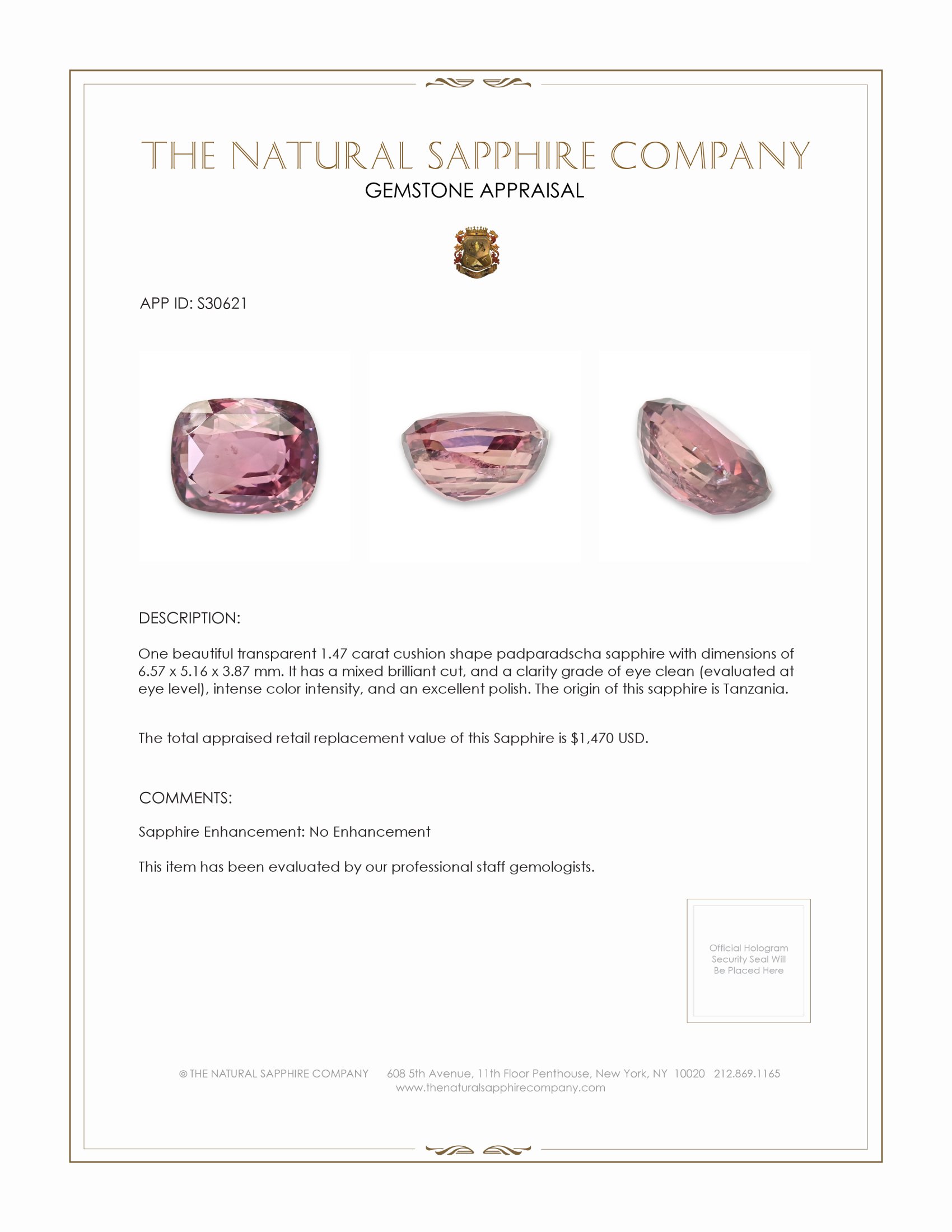 1.47 Ct. Purplish Pink Sapphire from Tanzania