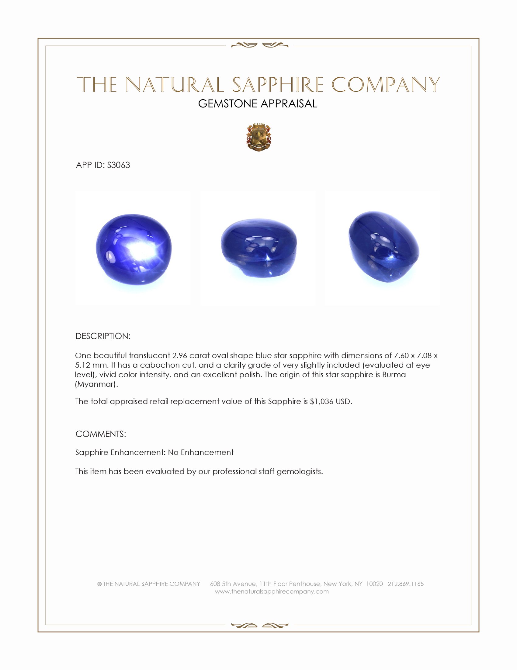 2.96 Ct. Blue Star Sapphire from Burma (Myanmar)