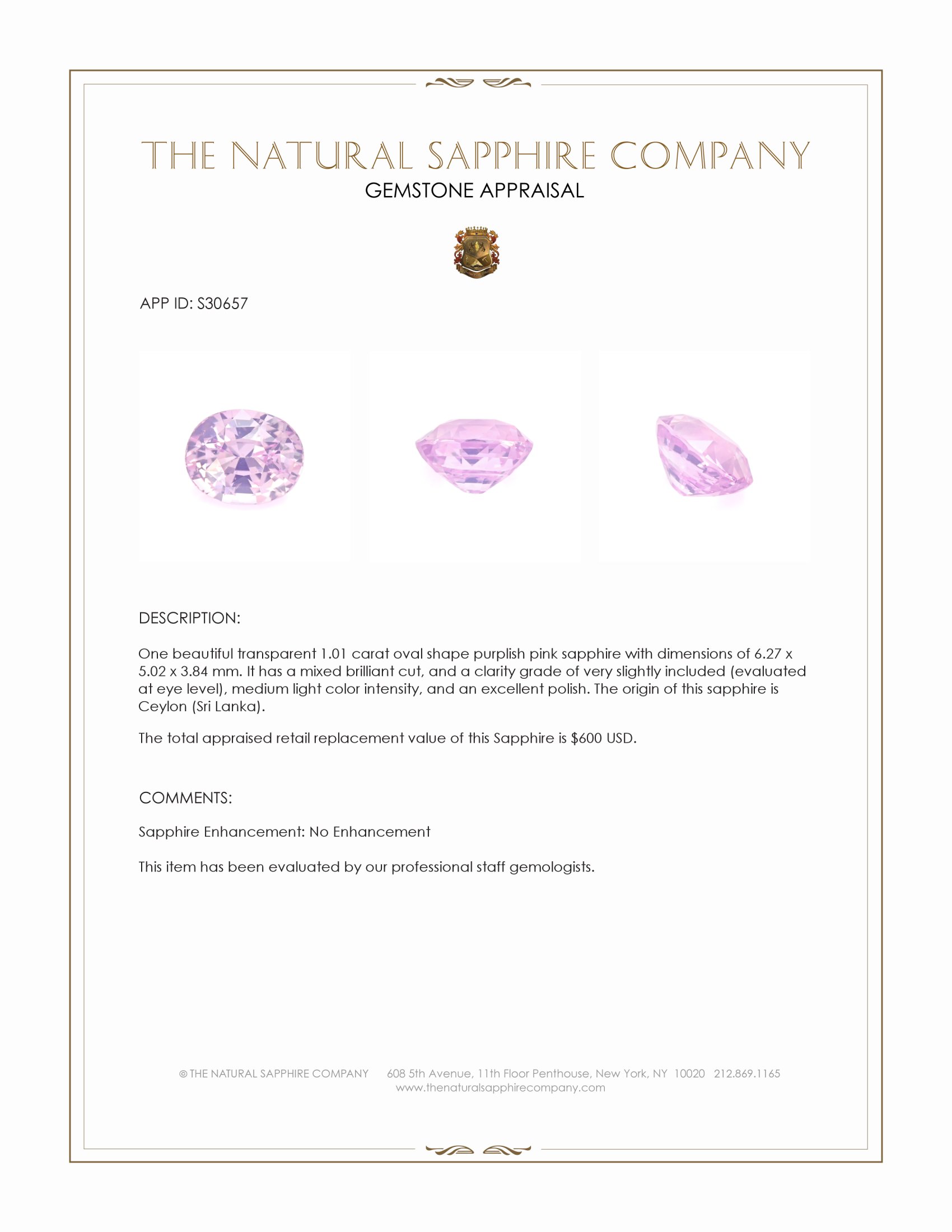 1.01 Ct. Purplish Pink Sapphire from Ceylon (Sri Lanka)