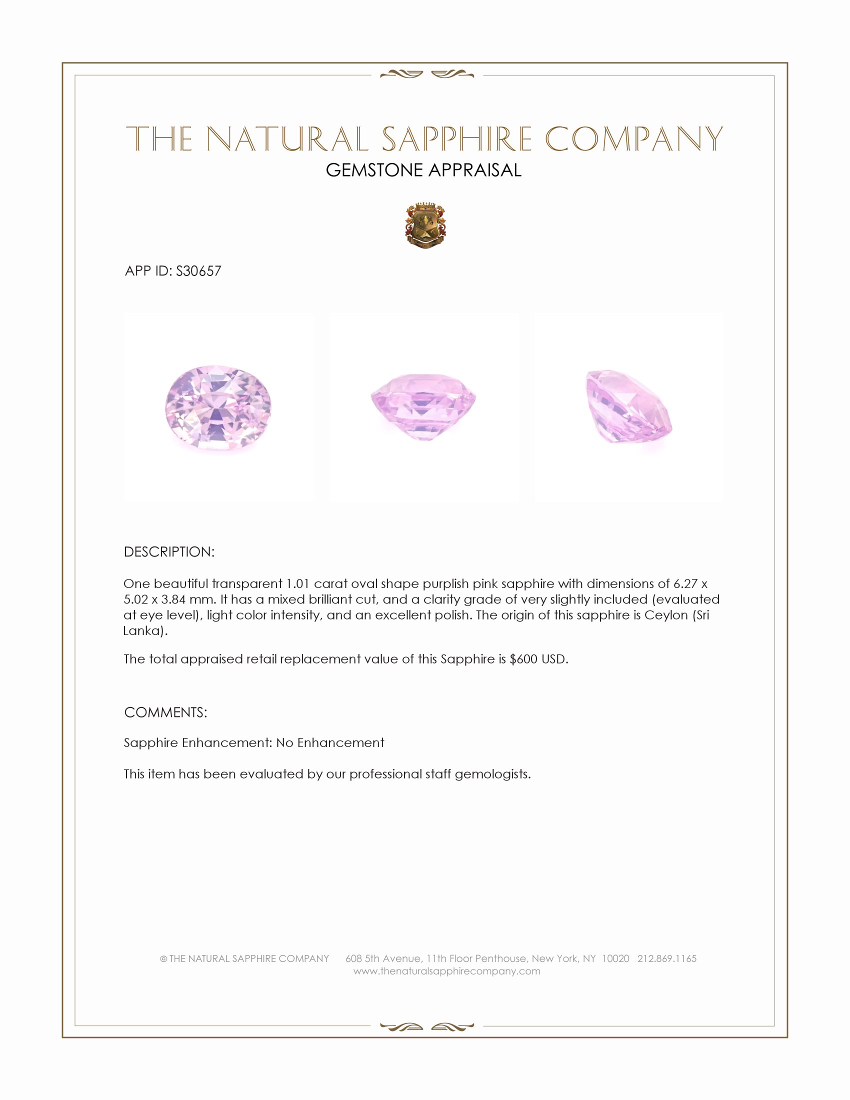 1.01 Ct. Purplish Pink Sapphire from Ceylon (Sri Lanka)