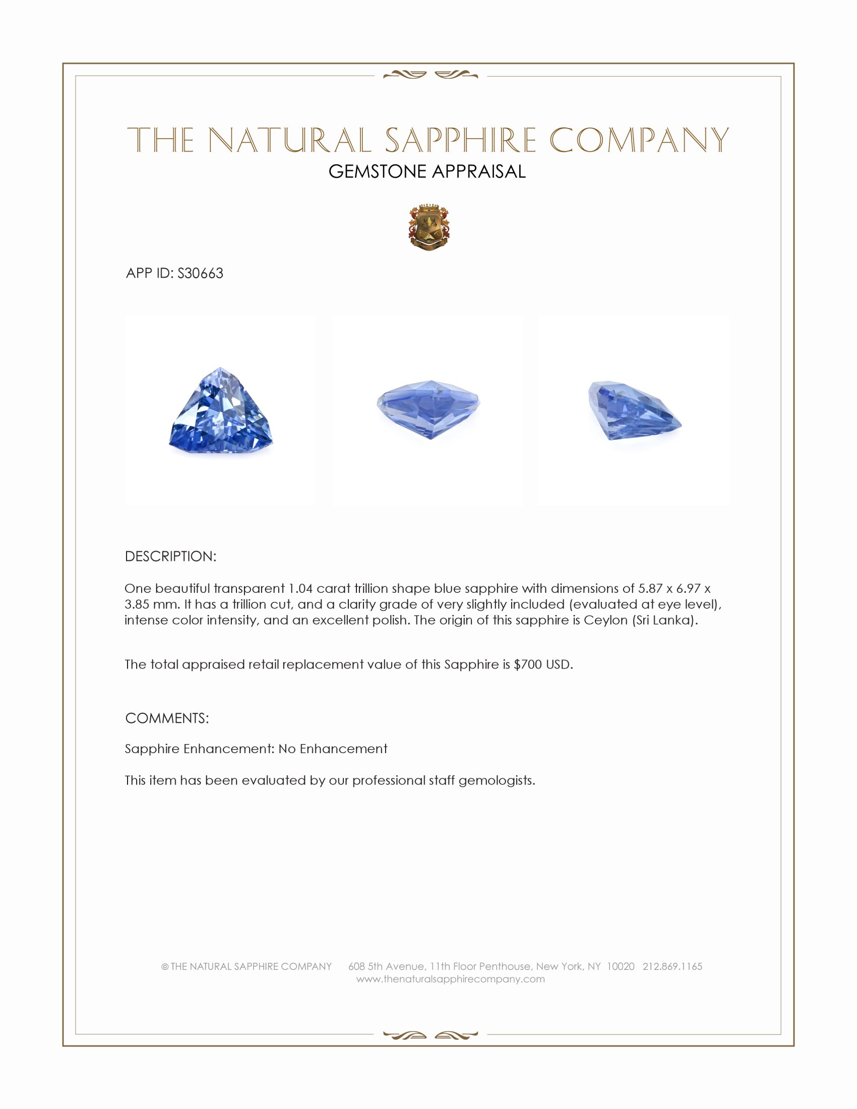 1.04 Ct. Blue Sapphire from Ceylon (Sri Lanka)