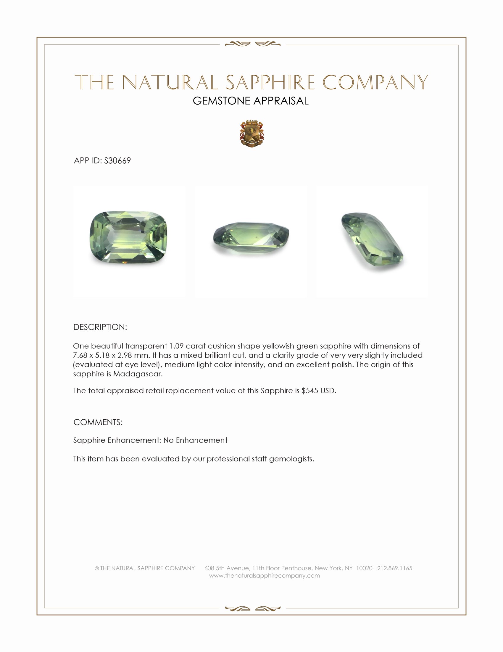 1.09 Ct. Yellowish Green Sapphire from Madagascar