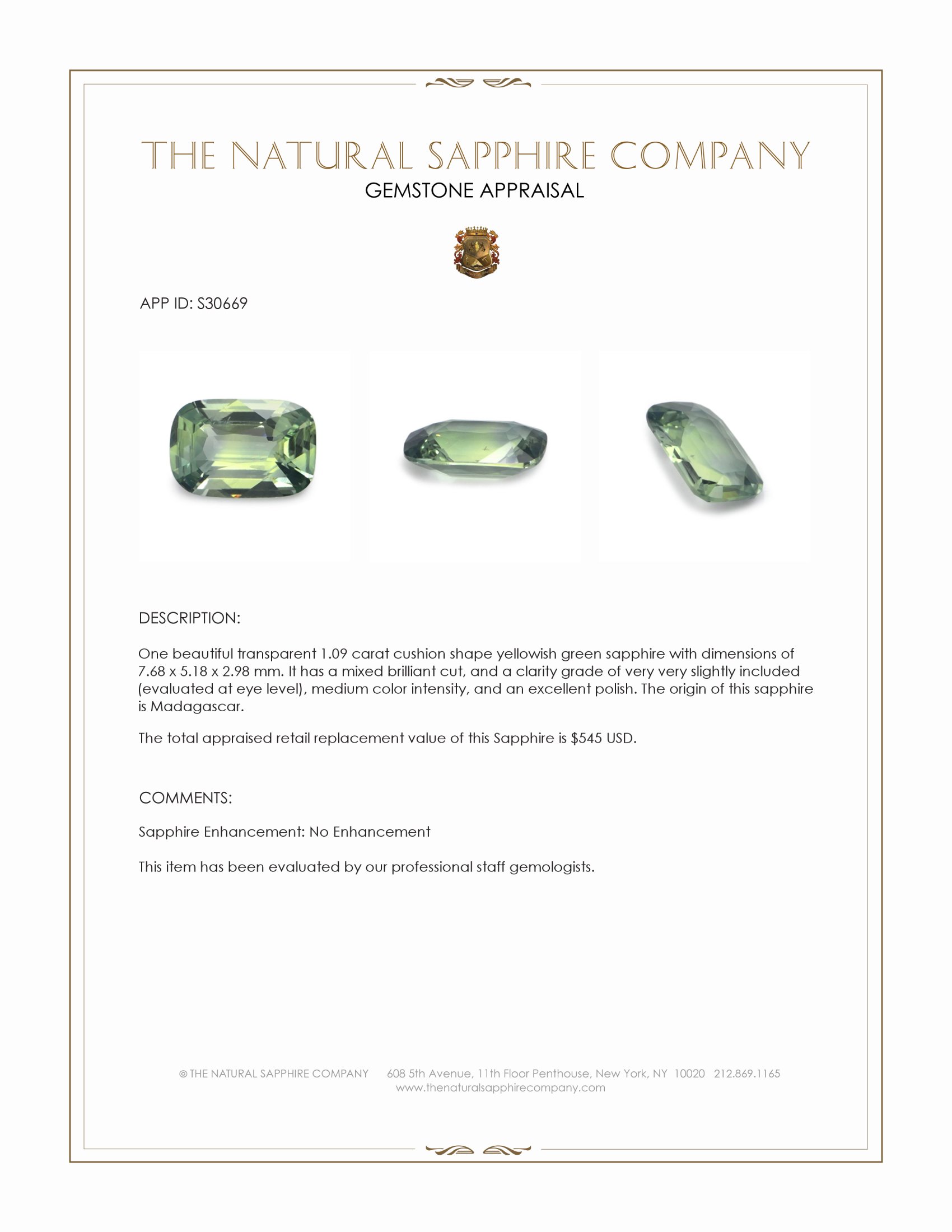 1.09 Ct. Yellowish Green Sapphire from Madagascar