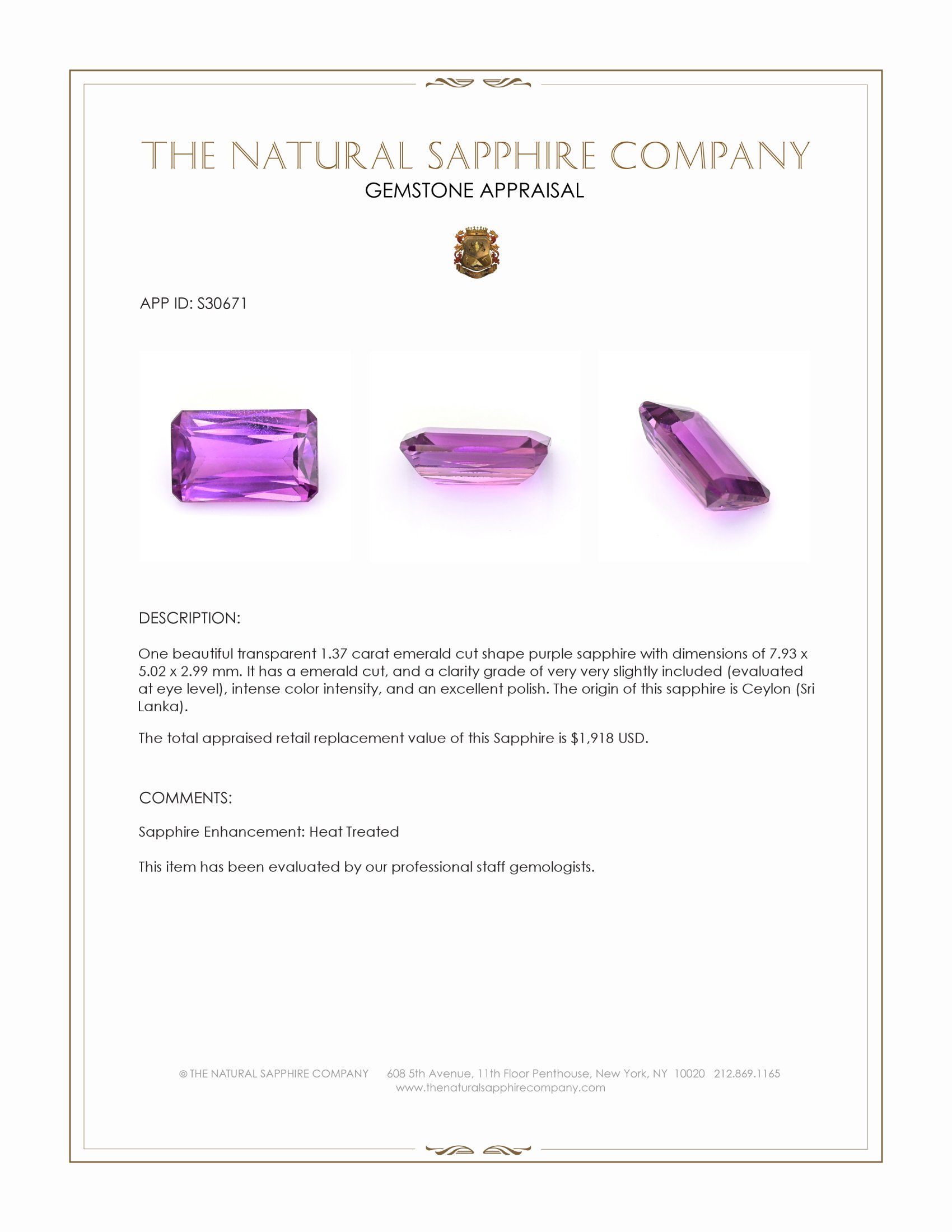 1.37 Ct. Pinkish Purple Sapphire from Ceylon (Sri Lanka)