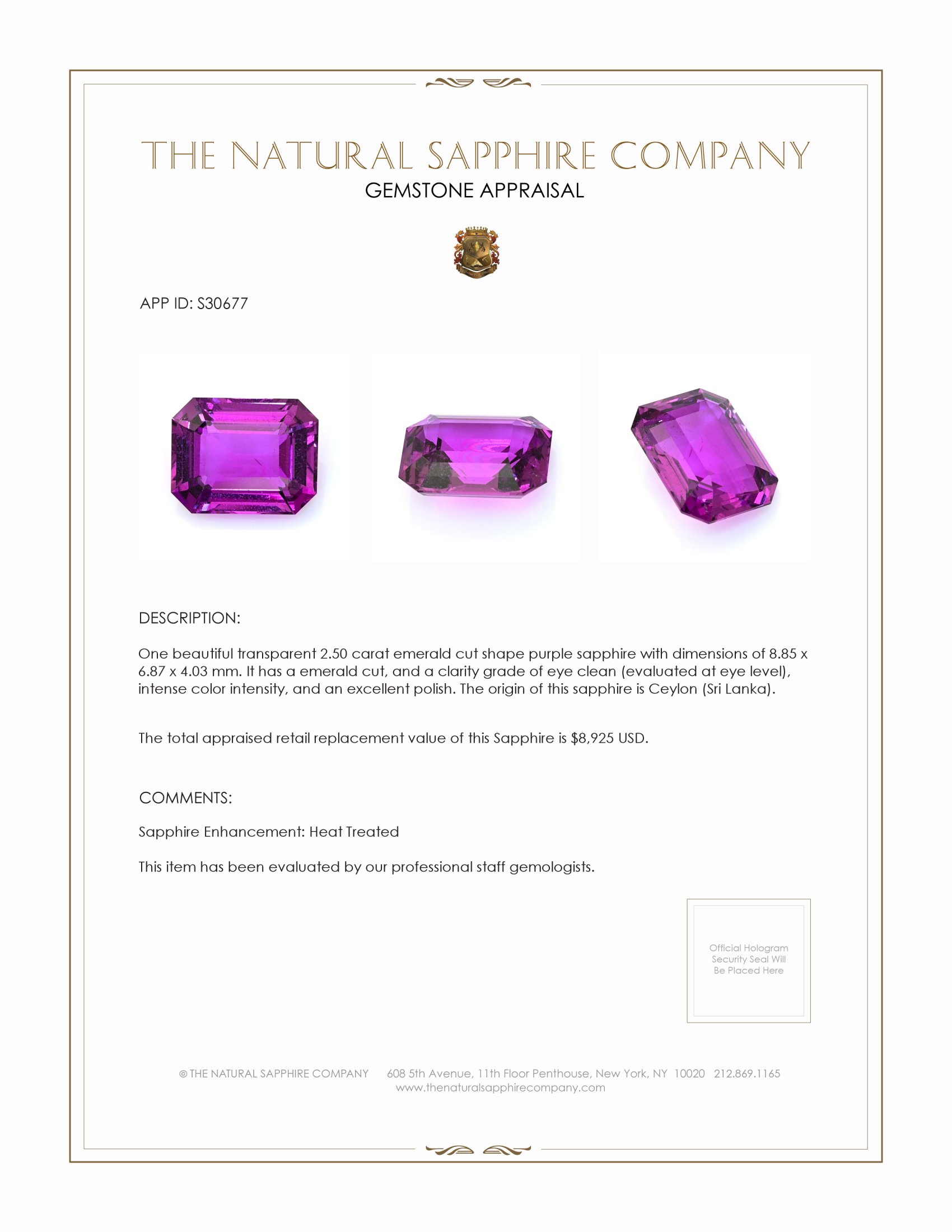 2.50 Ct. Purple Sapphire from Ceylon (Sri Lanka)
