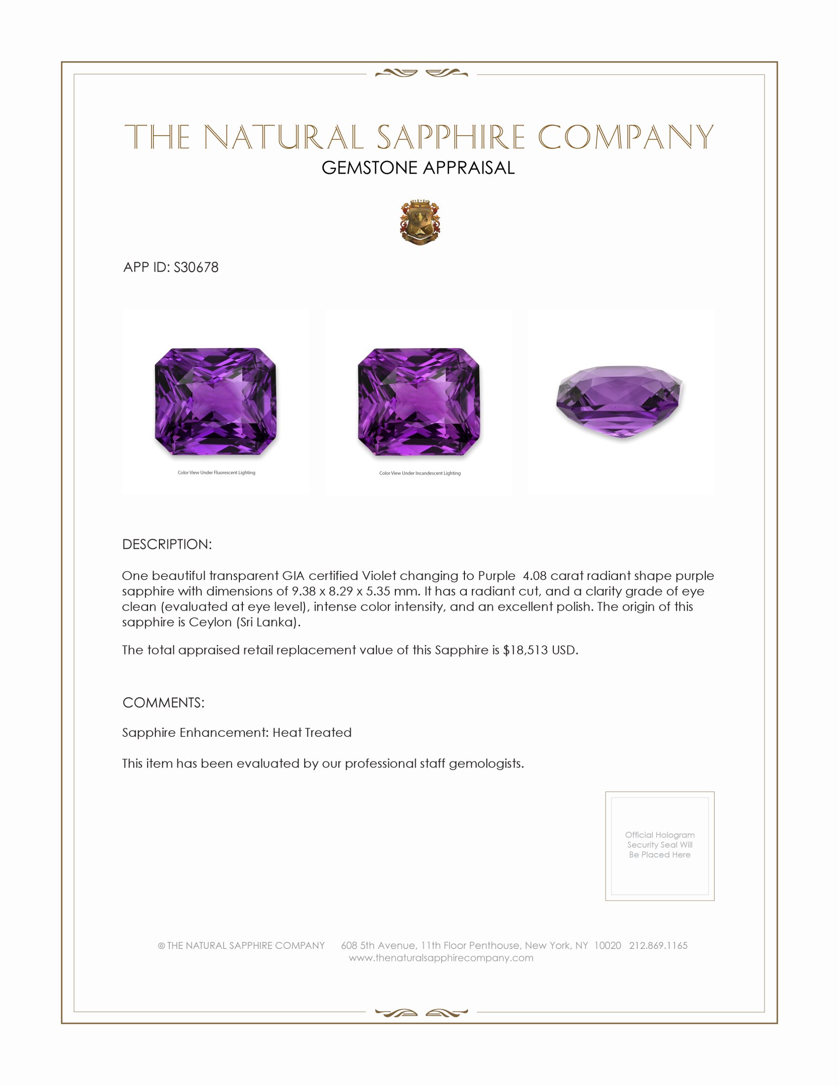 4.08 Ct. Purple Sapphire from Ceylon (Sri Lanka)